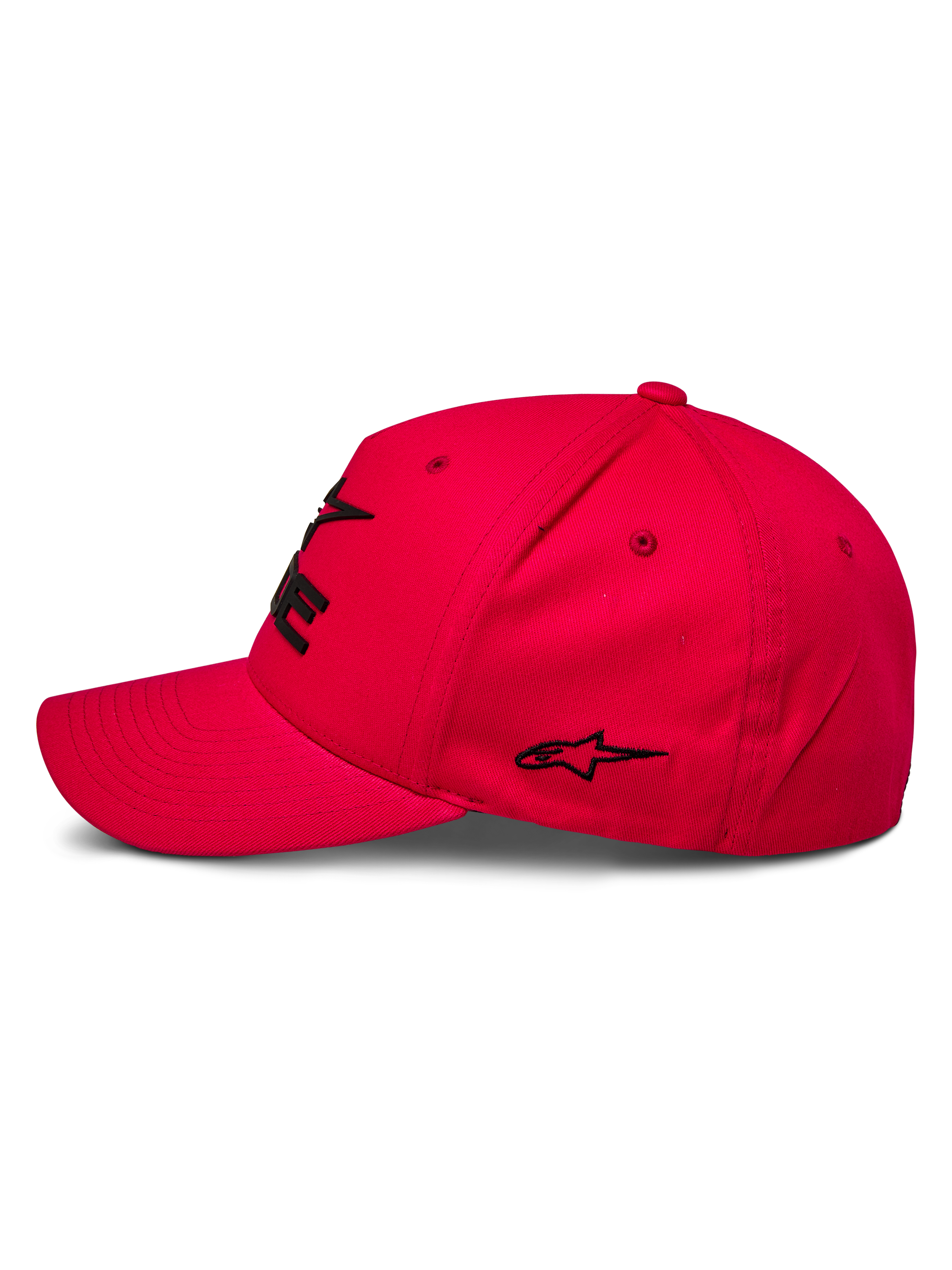 Alpinestars Ride Sonic Hat, Sportswear Cap, Red, Profile view featuring curved bill and structured crown, black 3D embroidered logo and star detail, casual motorsport-inspired design