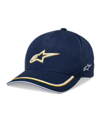 Alpinestars Ascension Snapback Hat, Baseball Cap, Navy Blue and Gold, 3D embroidered Astars logo, curved brim with yellow and white stripes, casual motorsport headwear