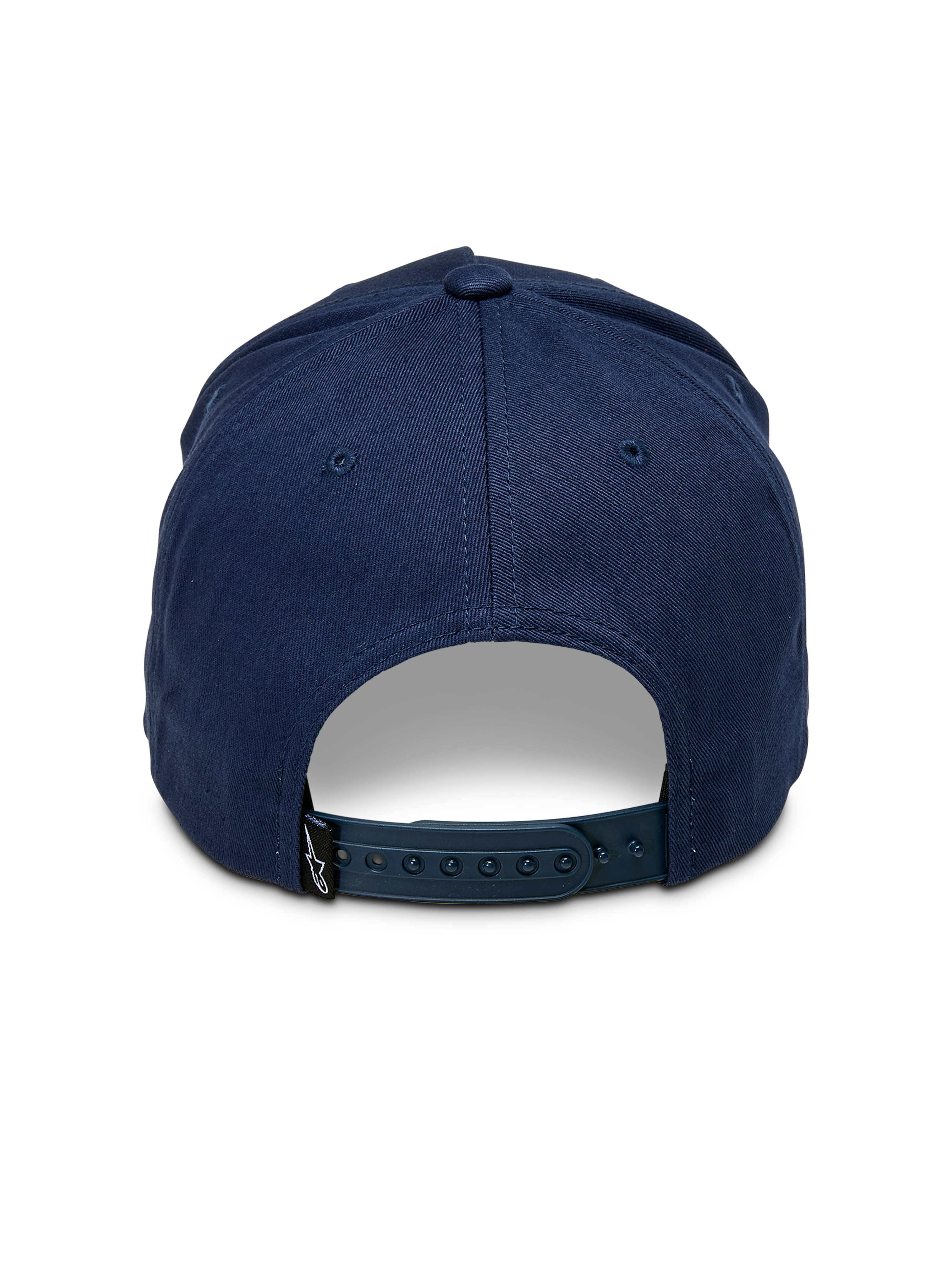 Alpinestars Ascension Snapback Hat, Navy Blue, back view showing adjustable snap closure and structured crown, small black Astars logo tag, casual motorsport streetwear