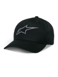 Alpinestars Ageless Snapback Hat, Black Baseball Cap with Charcoal Embroidered Star Logo, Curved Bill, Structured Crown, Casual Motorsport Headwear