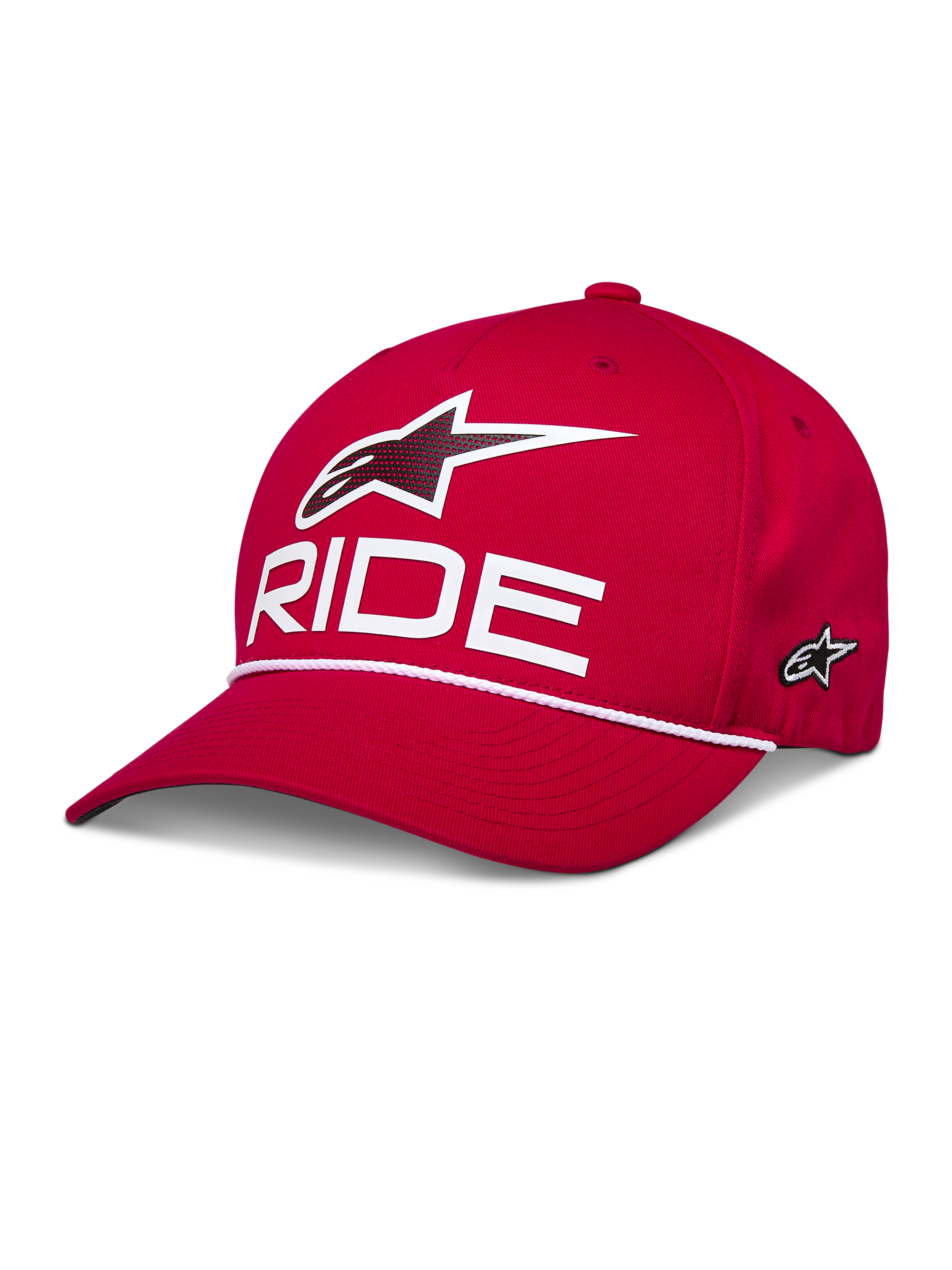 Alpinestars Ride Comp Snapback Hat, Red, Featuring White 3D Astars Logo and RIDE Text, Curved Bill with White Braided Rope Trim, Structured Crown, Casual Sportswear