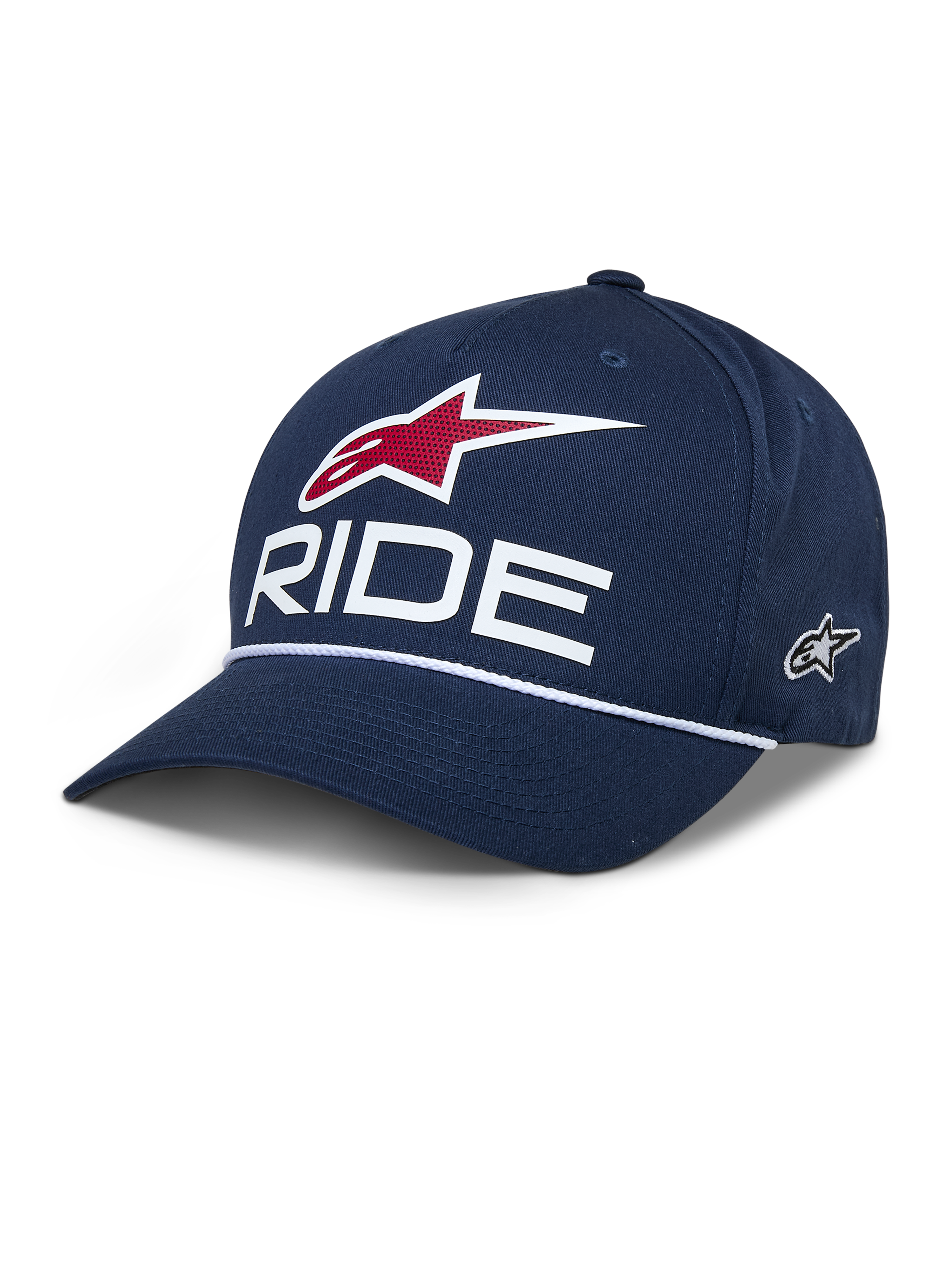 Alpinestars Ride Comp Snapback Hat, Navy Blue Baseball Cap, White RIDE and Red Star Logo, Curved Brim with White Braided Rope, Casual Motorsport Headwear