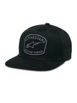 Alpinestars Promptus Snapback Hat, Black, flat bill with structured crown and braided rope detail, front embroidered patch featuring Alpinestars logo and "Racing Ahead" text, casual motorsport streetwear