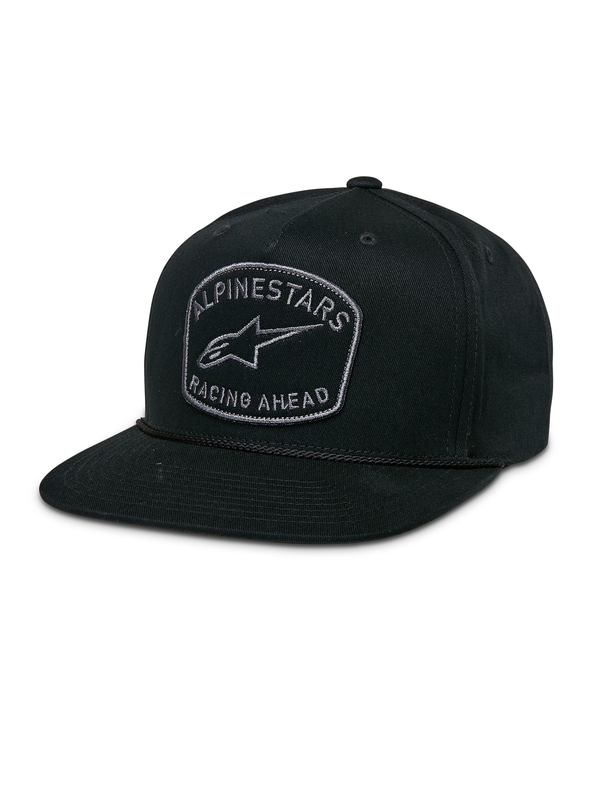 Alpinestars Promptus Snapback Hat, Black, flat bill with structured crown and braided rope detail, front embroidered patch featuring Alpinestars logo and "Racing Ahead" text, casual motorsport streetwear