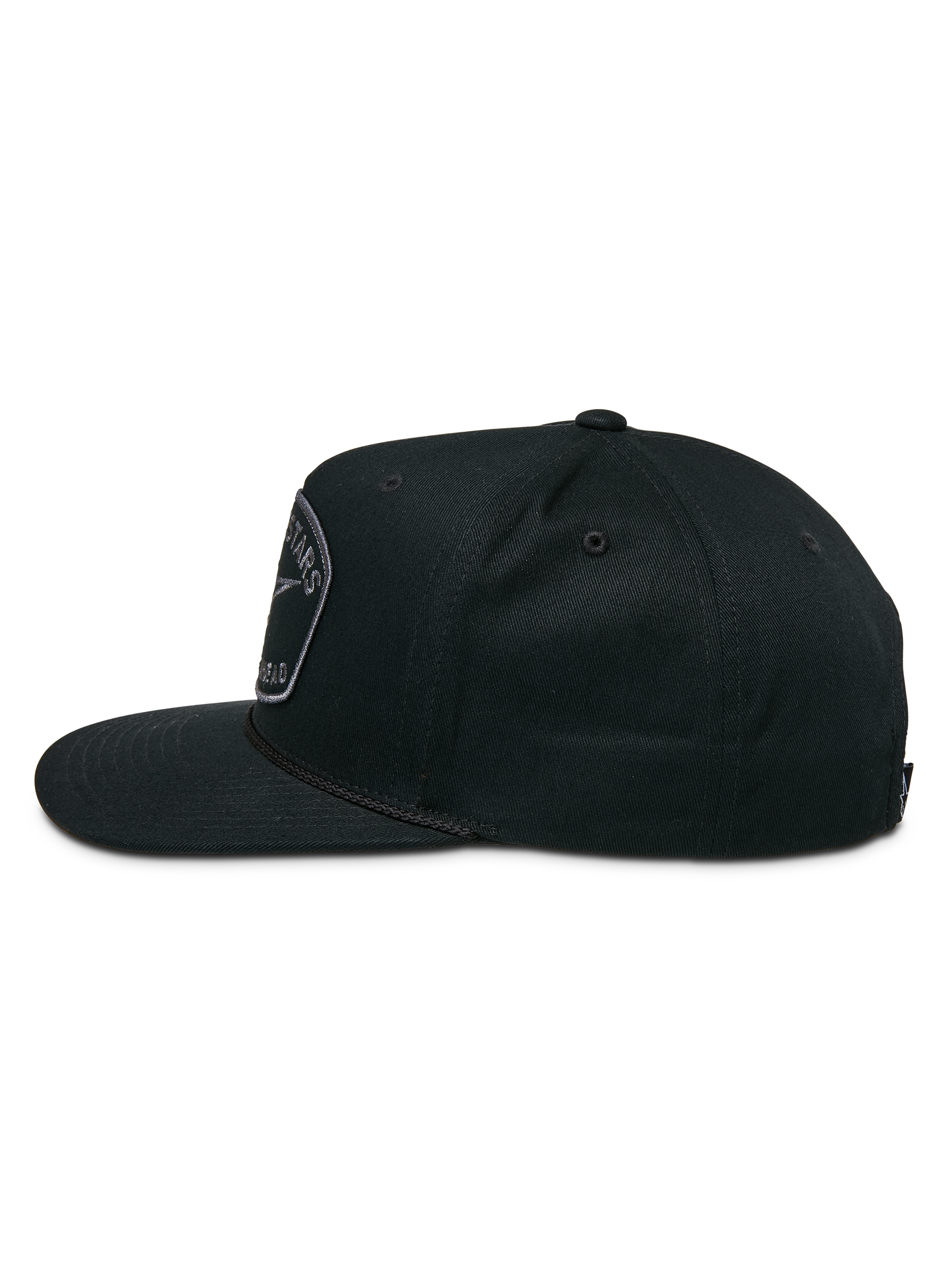 Alpinestars Promptus Snapback Hat, side view, black, flat bill with structured crown, featuring a braided rope detail and front embroidered logo patch, casual motorsport-inspired headwear