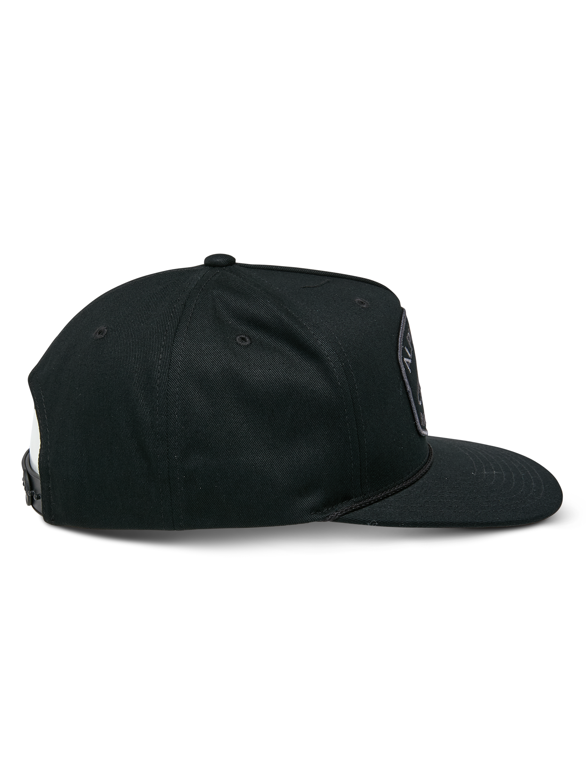 Alpinestars Promptus Snapback Hat, side view, black snapback cap, flat bill with structured crown, braided rope detail at the base, durable twill fabric, casual motorsport streetwear