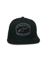 Alpinestars Promptus Snapback Hat, Black, flat bill with structured crown, featuring front embroidered patch with Alpinestars Racing Ahead and Astars logo, braided rope detail, casual motorsport streetwear
