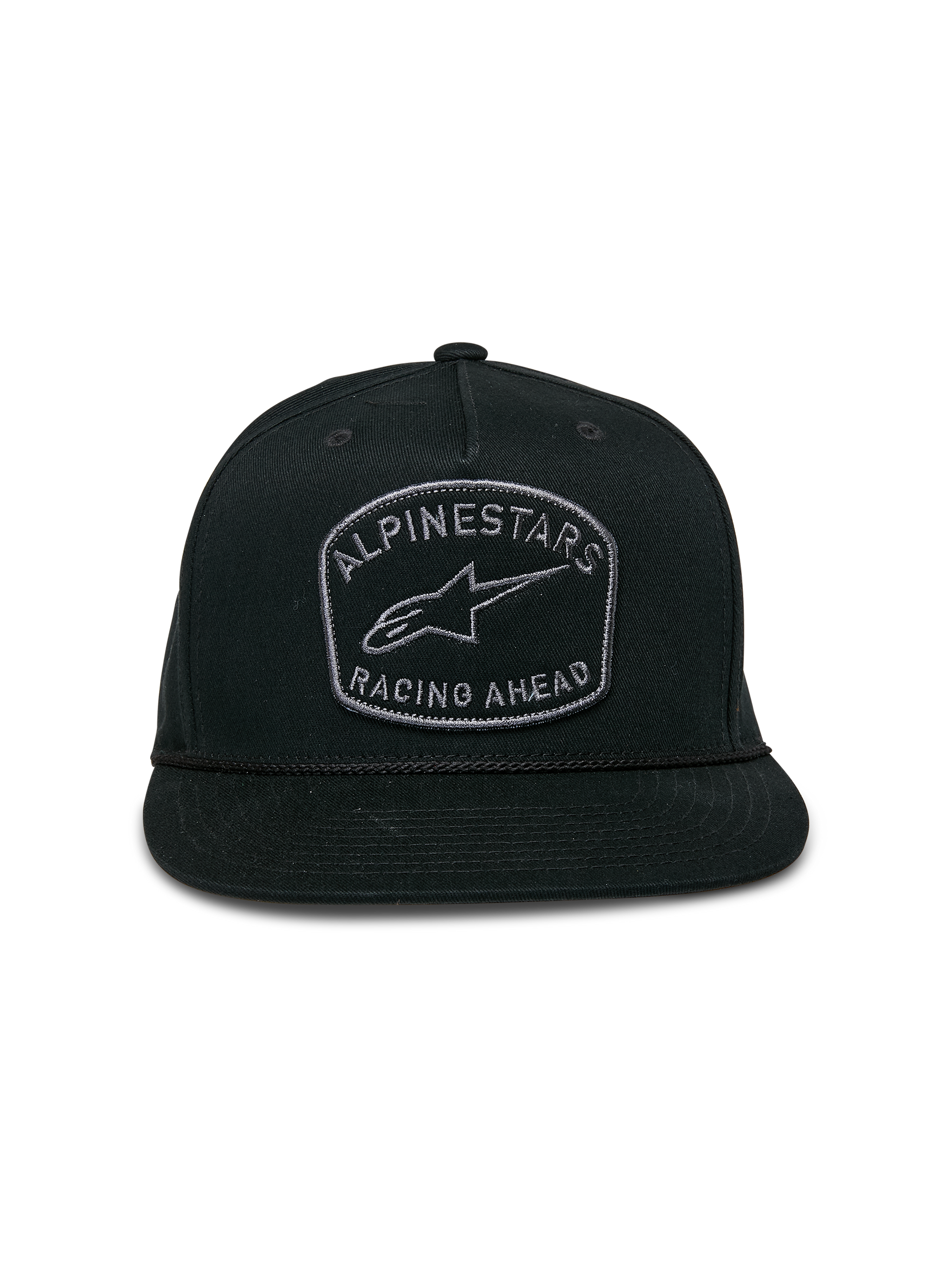 Alpinestars Promptus Snapback Hat, Black, flat bill with structured crown, featuring front embroidered patch with Alpinestars Racing Ahead and Astars logo, braided rope detail, casual motorsport streetwear