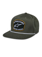 Alpinestars Promptus Snapback Hat, Military Green, Flat Bill with White Braided Rope Detail, Black Embroidered Patch with Gold Outline, White ALPINESTARS RACING AHEAD Logo, Casual Motorsport Lifestyle Headwear