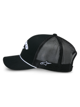 Alpinestars Agree Trucker Hat, Black trucker cap, side view showing black twill front and mesh back, white braided rope detail, white embroidered logos, casual motorsport-inspired headwear