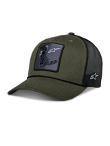 Alpinestars Booted Trucker Hat, trucker cap, military green and black, featuring a woven Tech Boot patch on the front, braided rope trim, and black mesh back with side logo embroidery