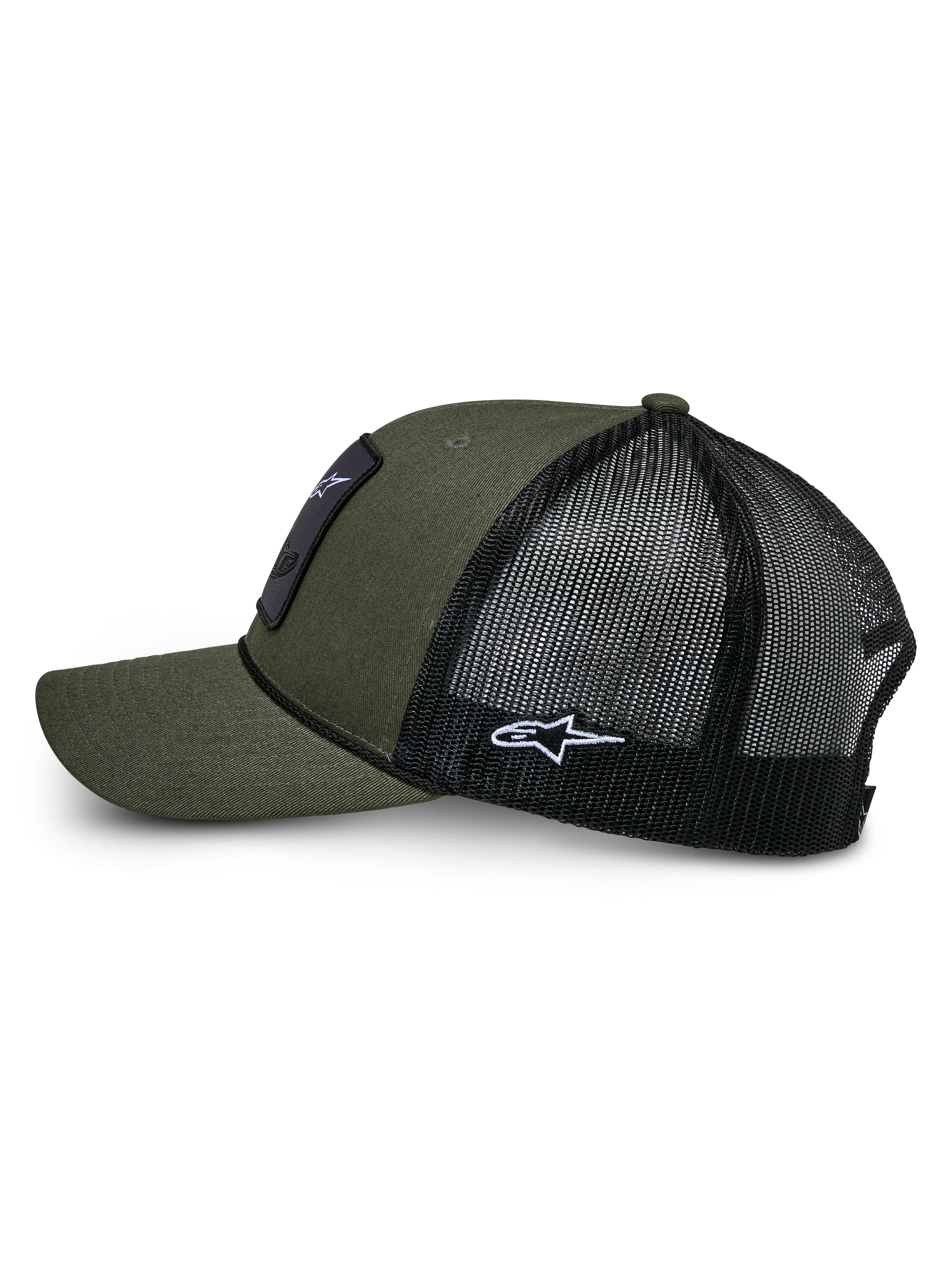 Alpinestars Booted Trucker Hat, Side Profile, Military Green and Black, Twill Front and Mesh Back, Braided Rope Trim and White Side Logo Embroidery, Casual Motorsport Accessory