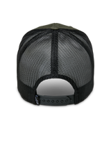 Alpinestars Booted Trucker Hat, Military Green and Black, rear view showing black mesh back and adjustable snapback closure, small Alpinestars logo on back tag, casual motorsport headwear