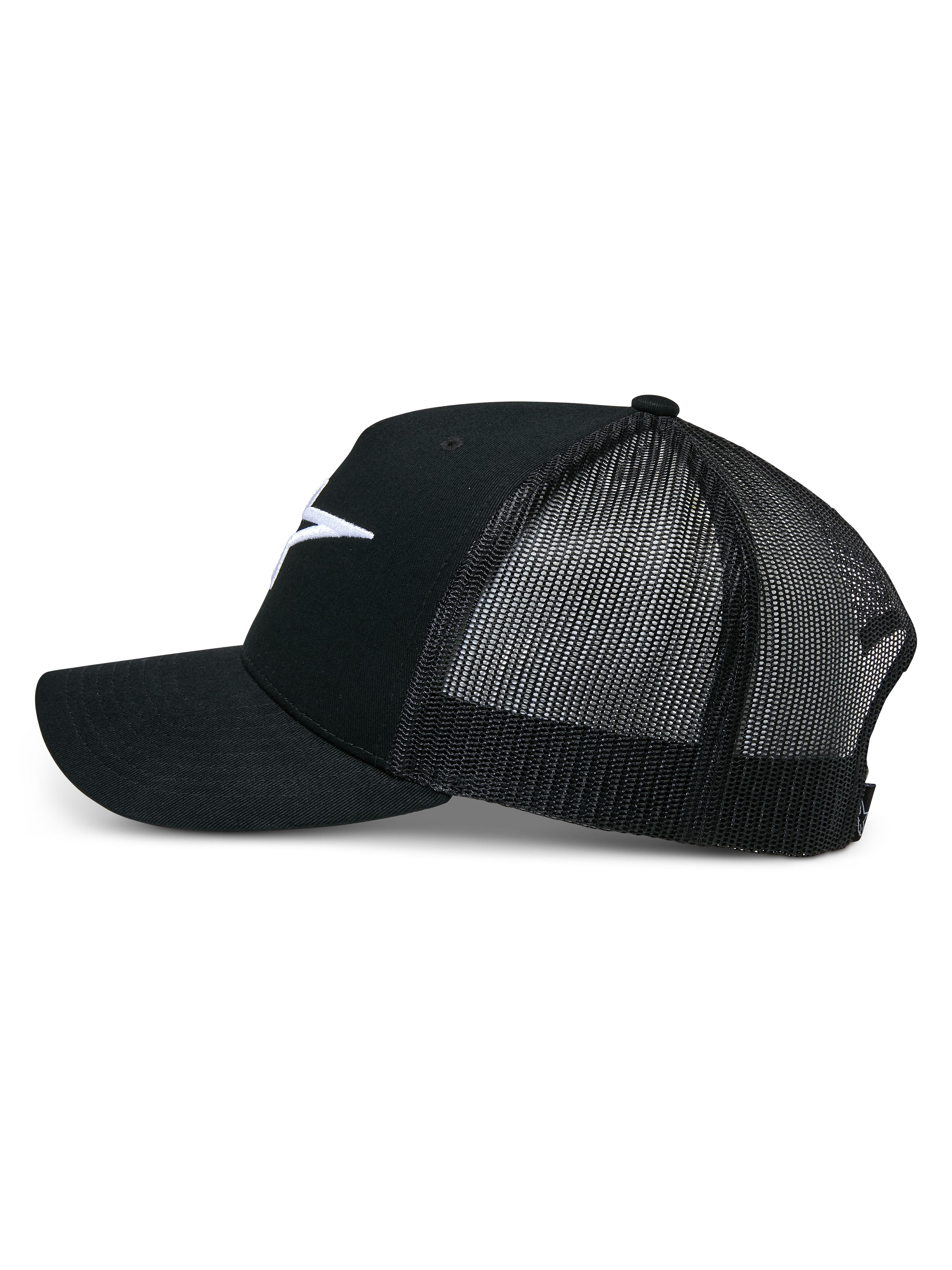 Alpinestars Ageless Trucker Hat, Black, side profile view, structured cotton twill front with white embroidered Astars logo, breathable black mesh back, curved bill, casual motorsport headwear