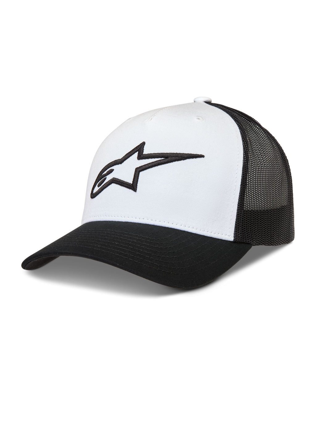 Alpinestars Ageless Snapback Hat, white and black trucker style with structured crown, mesh back, and 3D Astars logo.