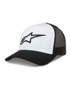 Alpinestars Ageless Snapback Hat, white and black trucker style with structured crown, mesh back, and 3D Astars logo.