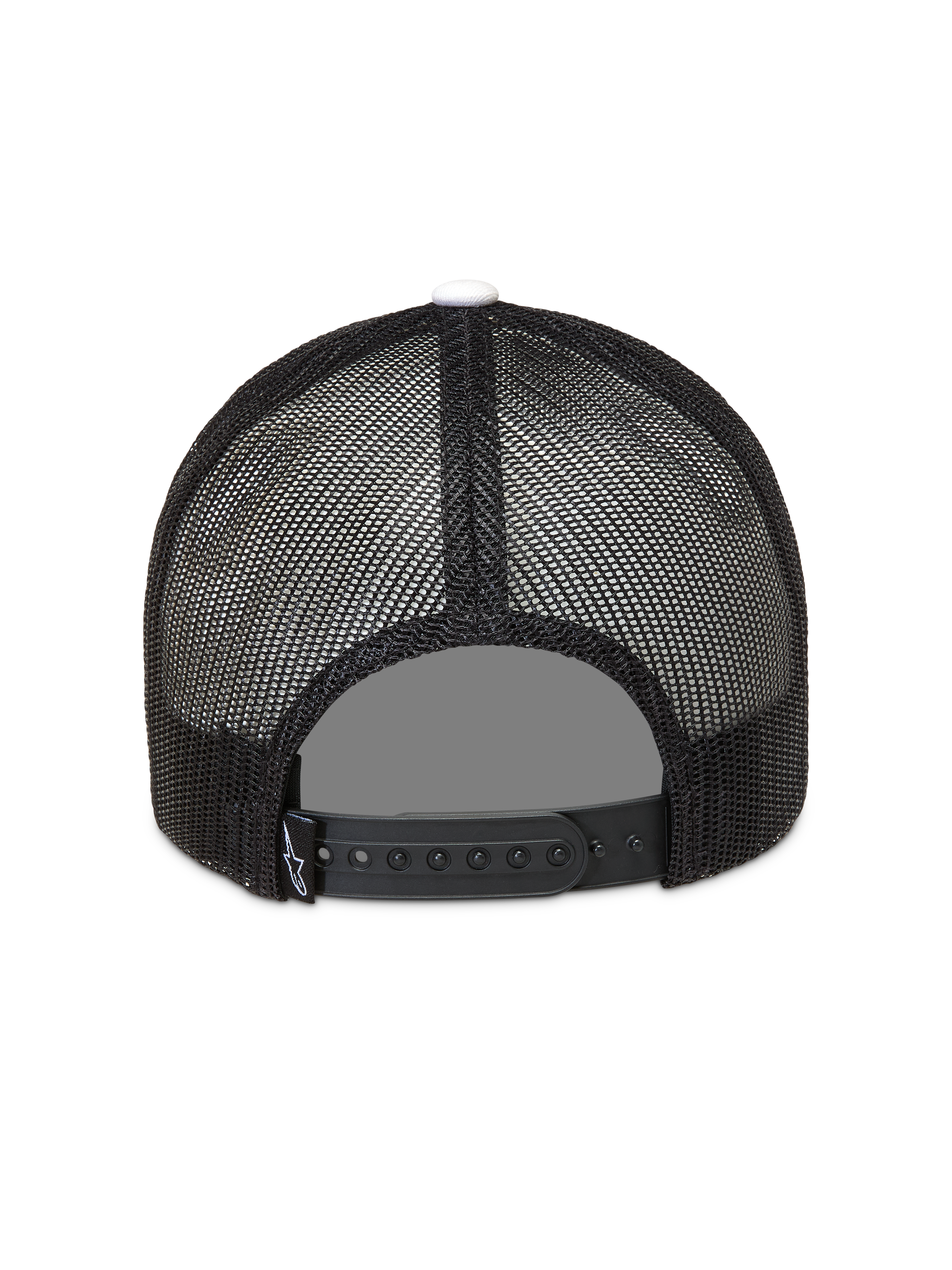 Alpinestars Ageless Snapback Hat, black trucker style mesh back with adjustable snap closure and white top button.