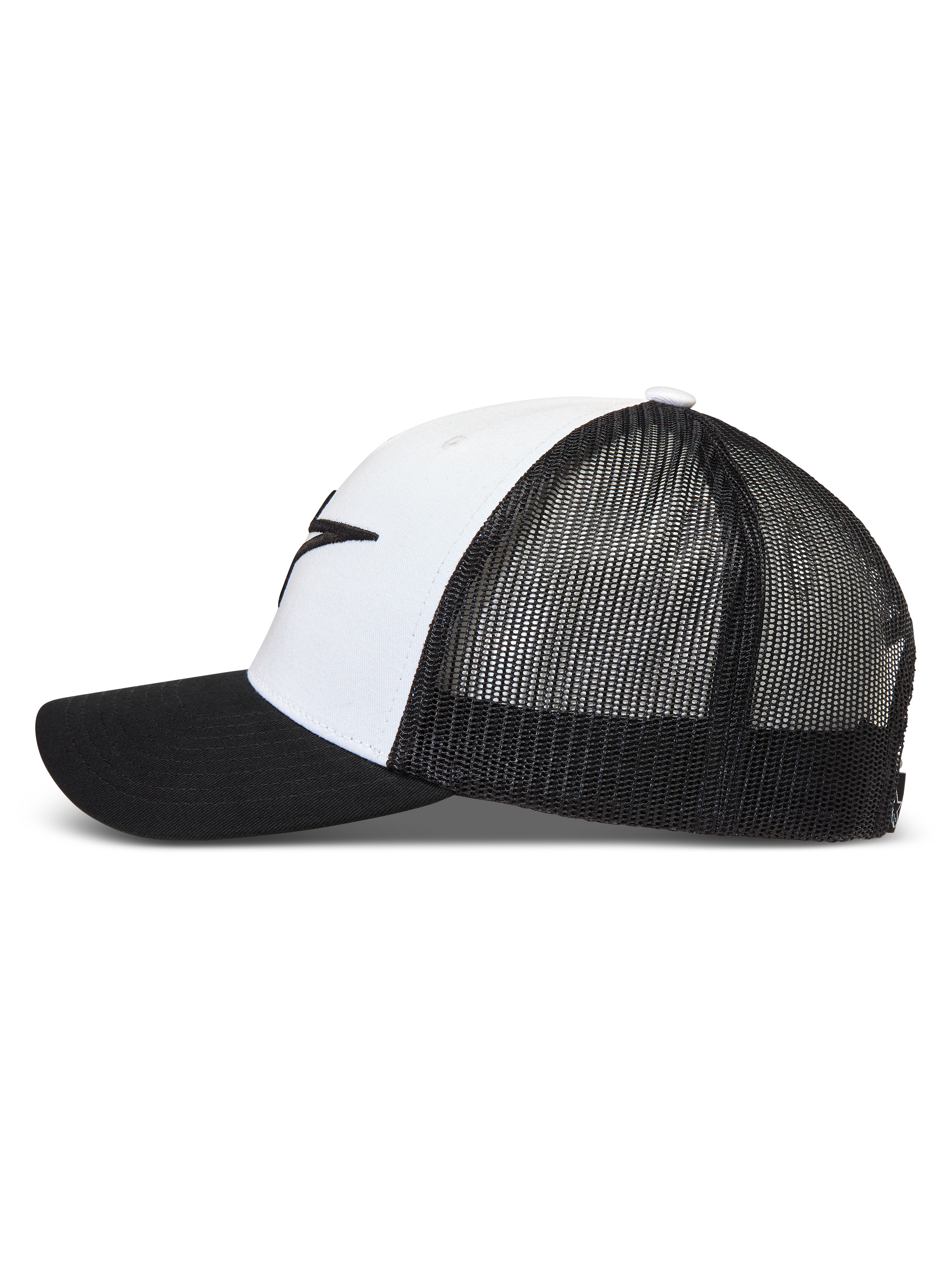Alpinestars Ageless Snapback Hat, White and Black Sportswear Trucker Hat with a breathable mesh back and curved bill.