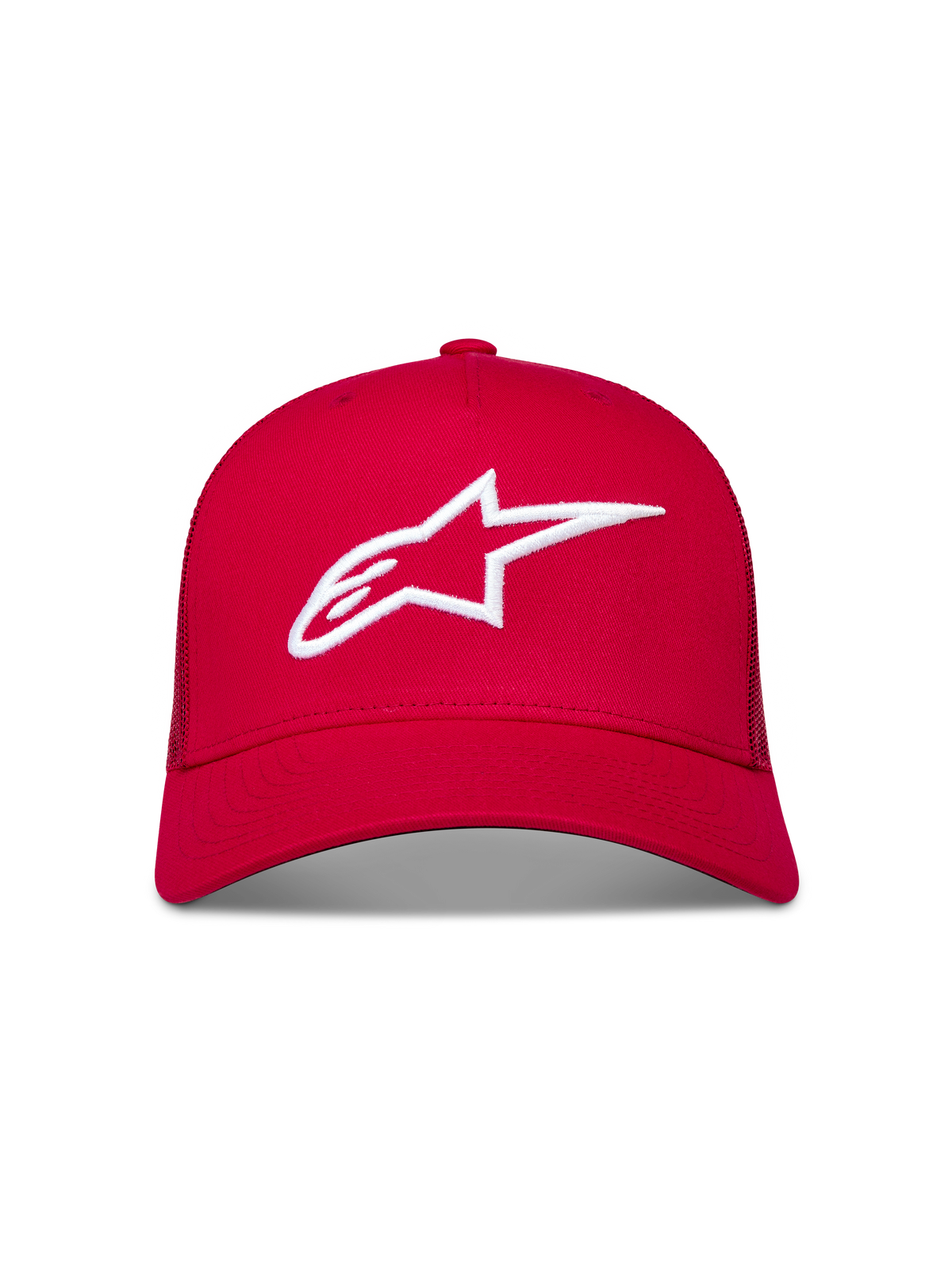 Alpinestars Ageless Snapback Hat, red trucker cap with white embroidered 3D star logo and curved bill.