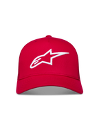 Alpinestars Ageless Snapback Hat, red trucker cap with white embroidered 3D star logo and curved bill.