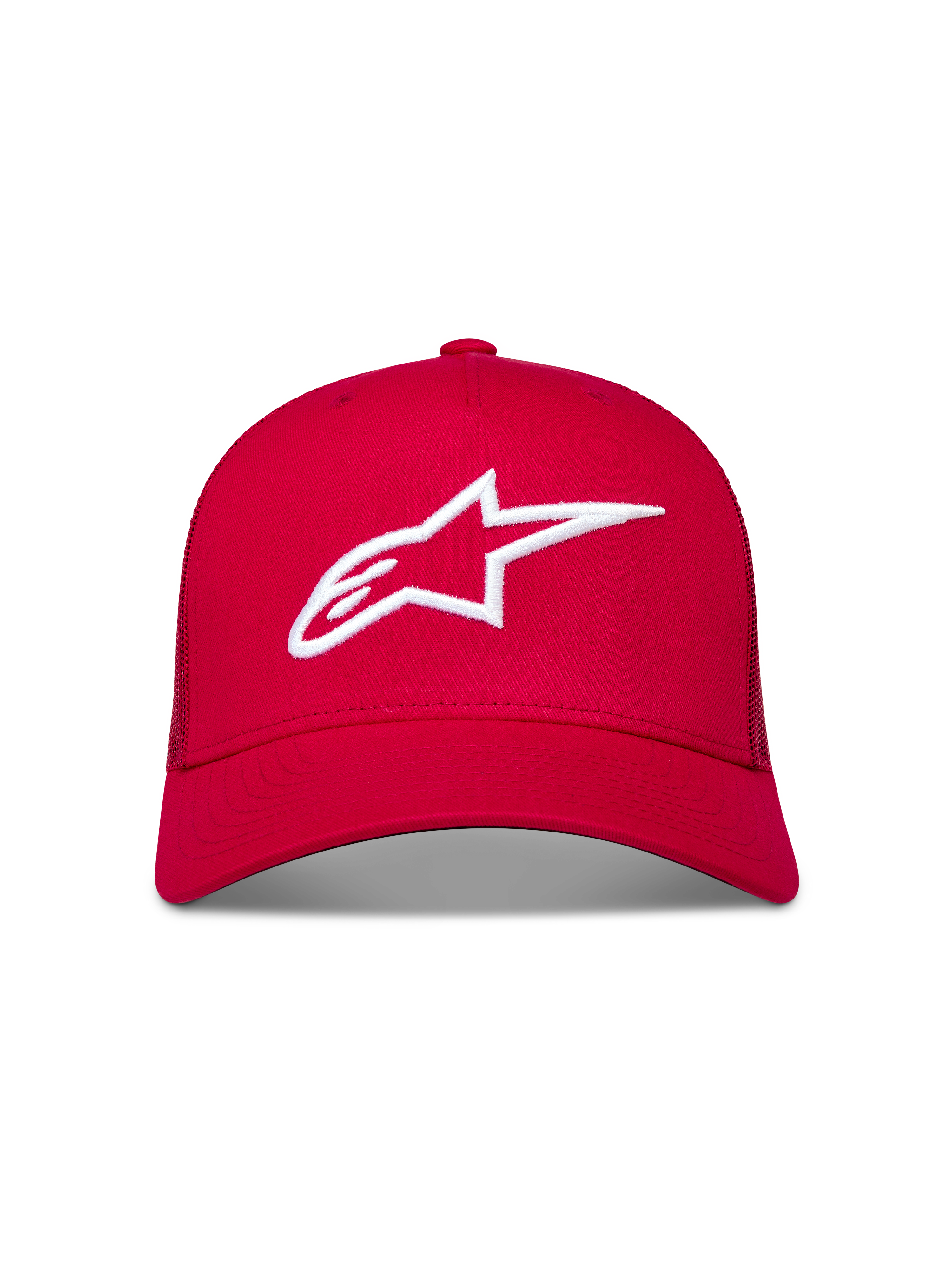 Alpinestars Ageless Snapback Hat, red trucker cap with white embroidered 3D star logo and curved bill.