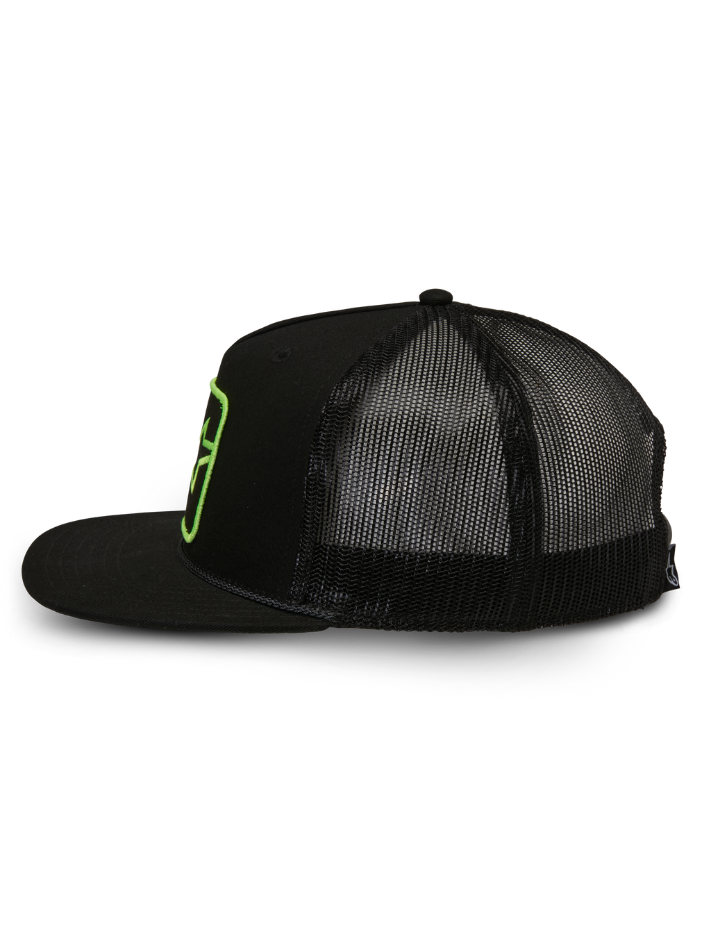 Alpinestars Control Trucker Hat, Trucker Hat, Black, side profile view showing poly mesh back and twill front, flat bill with braided rope detail, green embroidered logo patch, casual motorsport-inspired streetwear