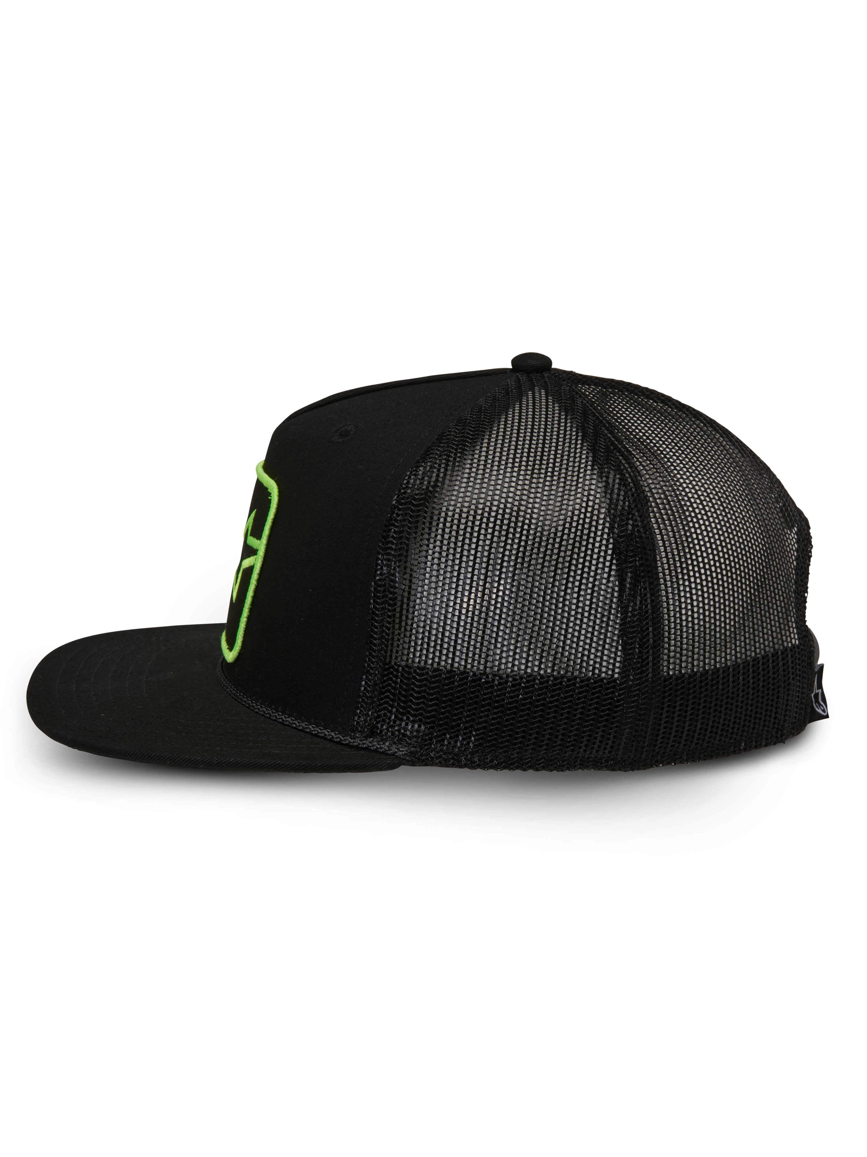 Alpinestars Control Trucker Hat, Trucker Hat, Black, side profile view showing poly mesh back and twill front, flat bill with braided rope detail, green embroidered logo patch, casual motorsport-inspired streetwear