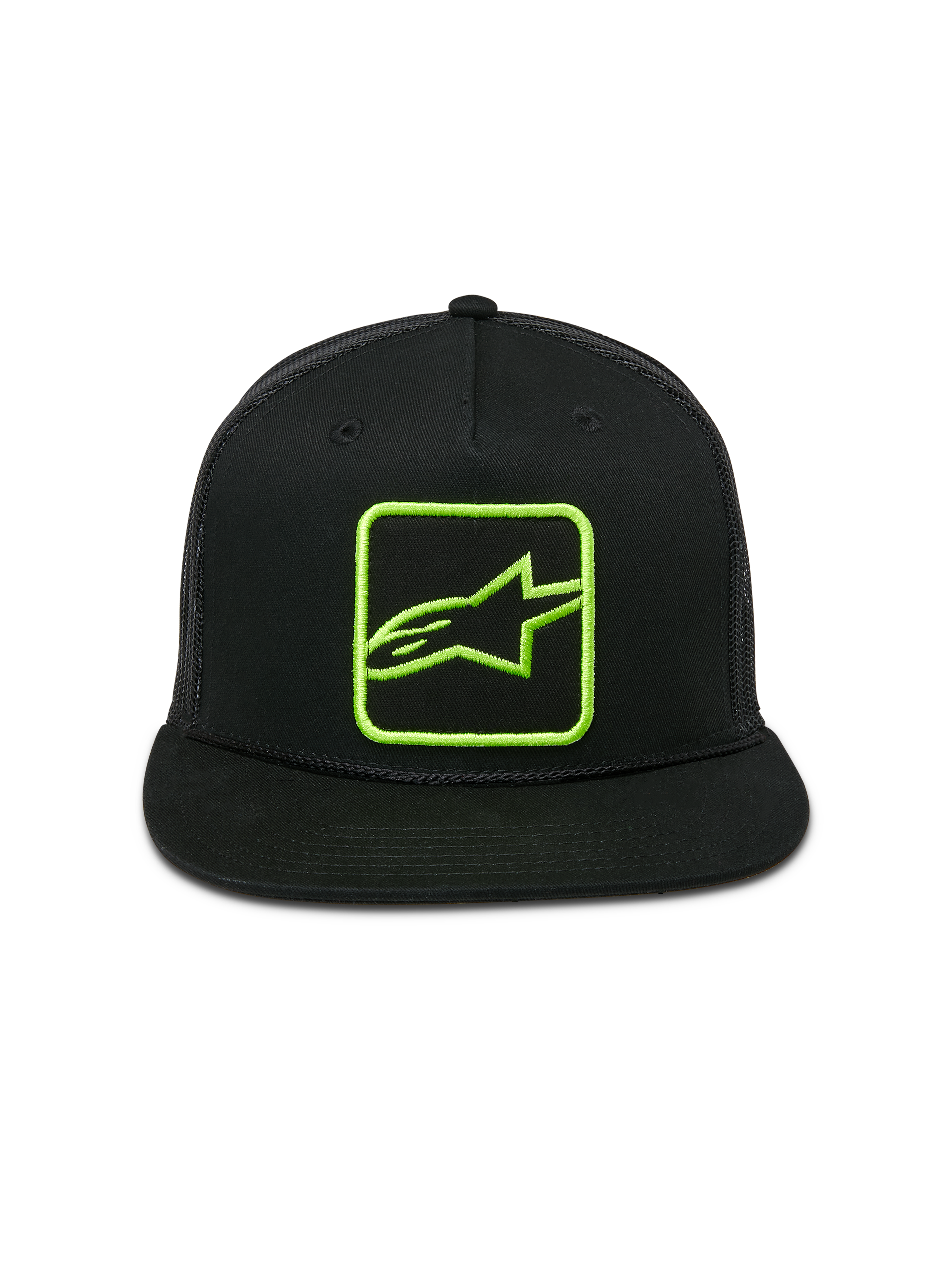 Alpinestars Control Trucker Hat, Black with Lime Green Embroidered Logo, Flat Bill with Braided Rope, Mesh Back Snapback, Casual Motorsport Streetwear