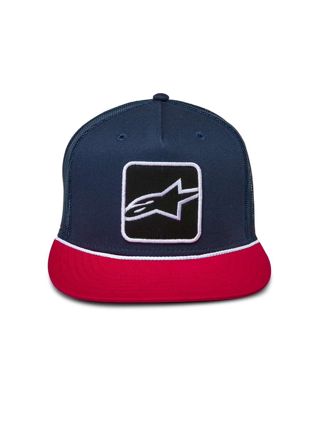 Alpinestars Control Trucker Hat, Navy and Red, structured crown with flat bill, front Astars logo patch with white braided rope detail, mesh back, casual motorsport headwear