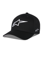 Alpinestars Ageless Multi Hat, Black Baseball Cap, featuring a large white 3D star logo on the front and a small embroidered logo on the side, curved brim, structured crown, casual motorsport-inspired headwear