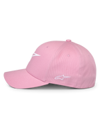 Alpinestars Ageless Multi Hat, Pink, Side profile view, featuring white 3D printed front logo and embroidered side logo, structured crown with curved bill, casual motorsport-inspired headwear
