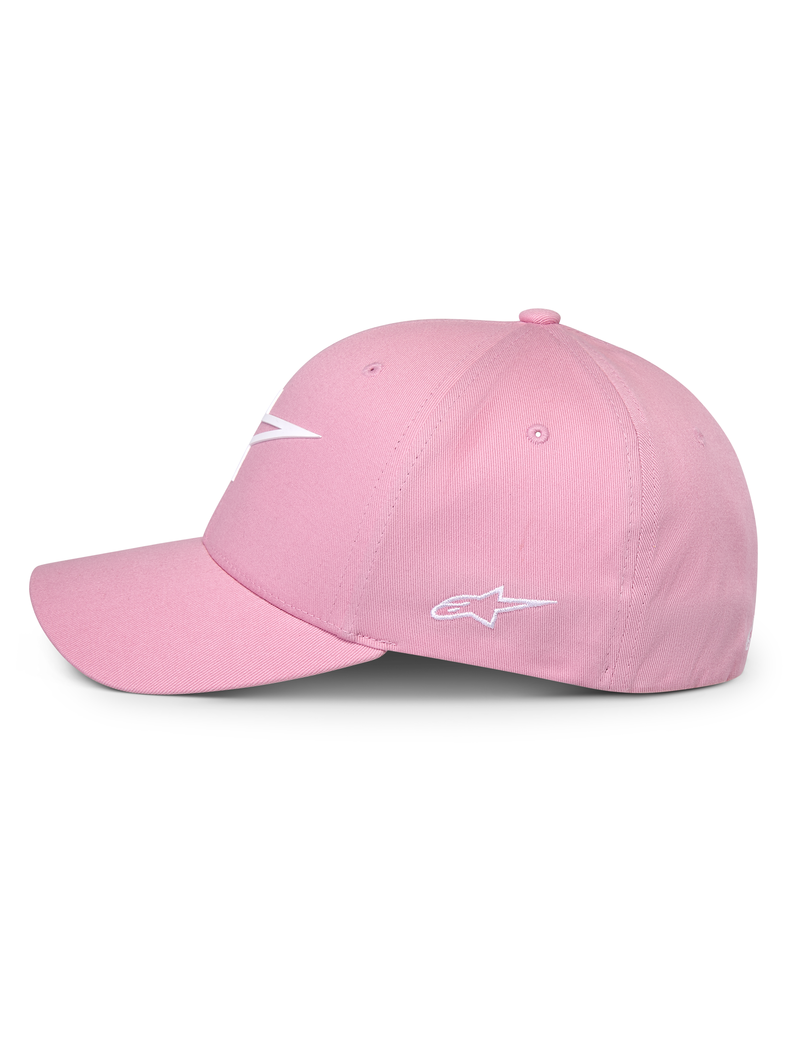 Alpinestars Ageless Multi Hat, Pink, Side profile view, featuring white 3D printed front logo and embroidered side logo, structured crown with curved bill, casual motorsport-inspired headwear