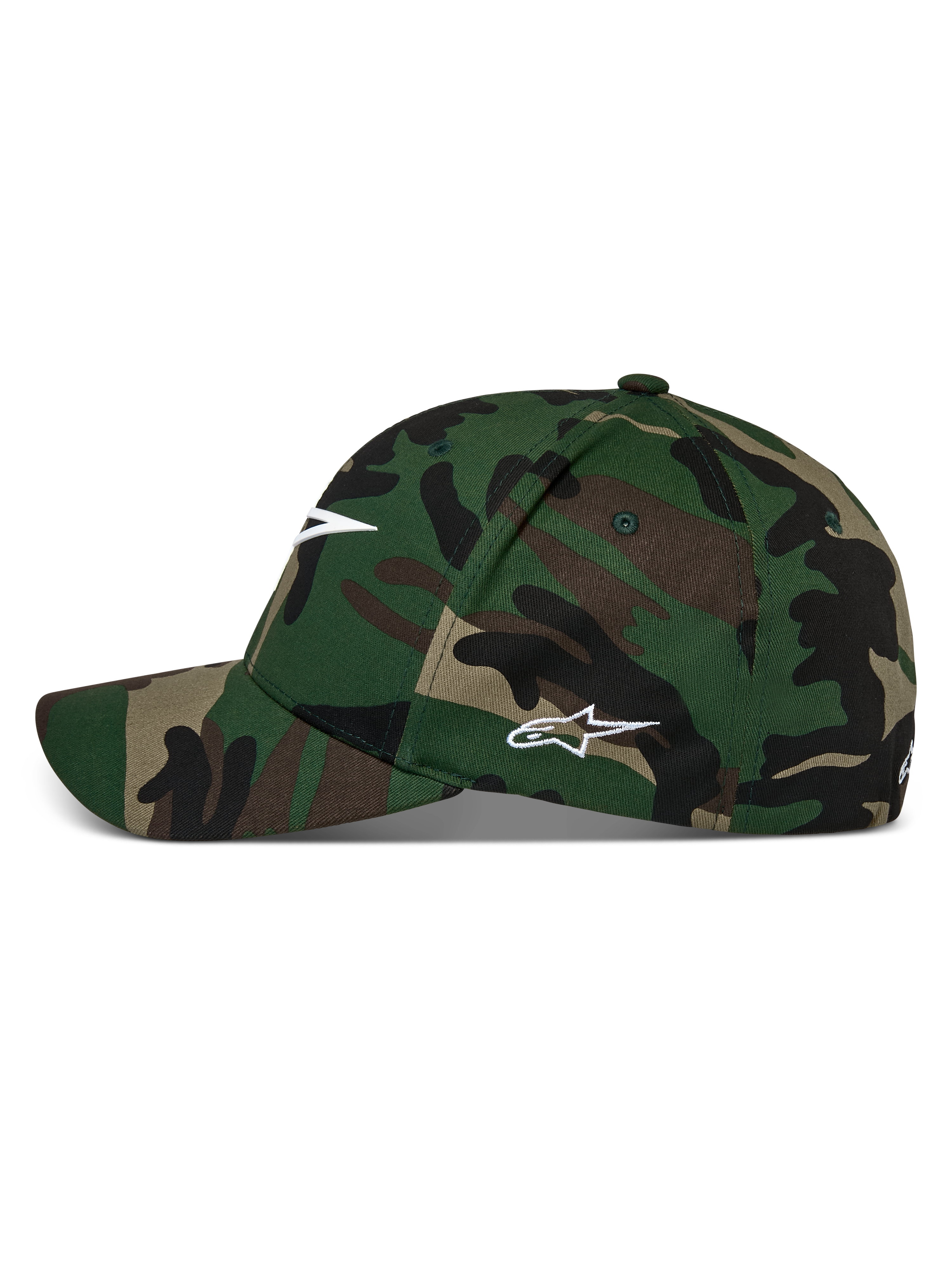 Alpinestars Ageless Multi Hat, Green Camo baseball cap, curved bill with structured crown, white Astars logo on front and side, casual motorsport streetwear