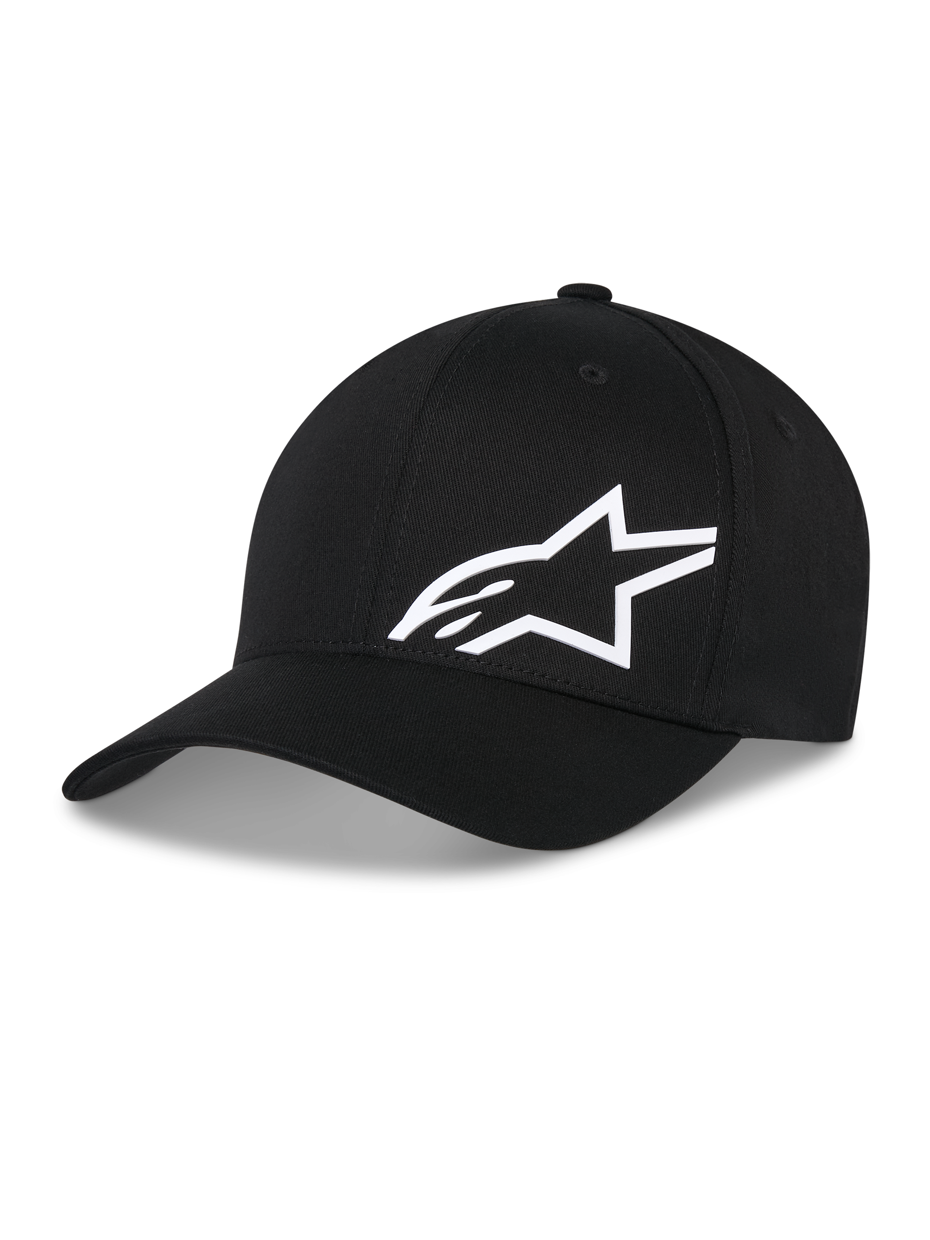 Alpinestars Corp Shift Multi Hat, black baseball cap with white 3D Astars logo, curved brim, structured crown, casual motorsport-inspired headwear