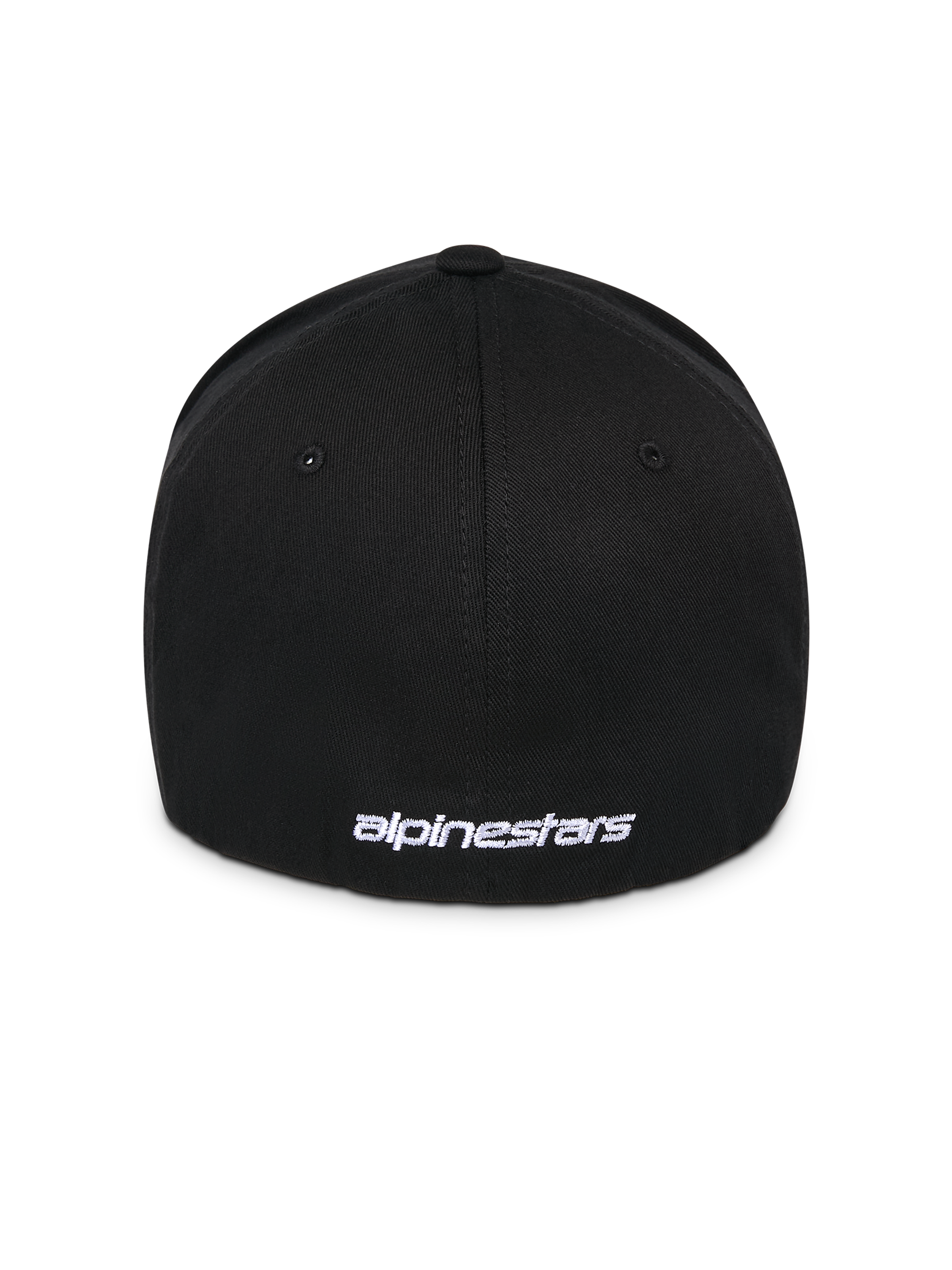Alpinestars Corp Shift Multi Hat, Black, Rear view featuring white flat embroidered logo at the base, flex back stretch-fit construction, casual motorsport-inspired headwear