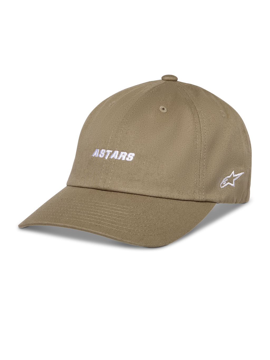 Alpinestars Deduce Strapback Hat, Khaki Baseball Cap, White ASTARS embroidery on front and side star logo, Curved Bill, Cotton Twill, Casual Sportswear
