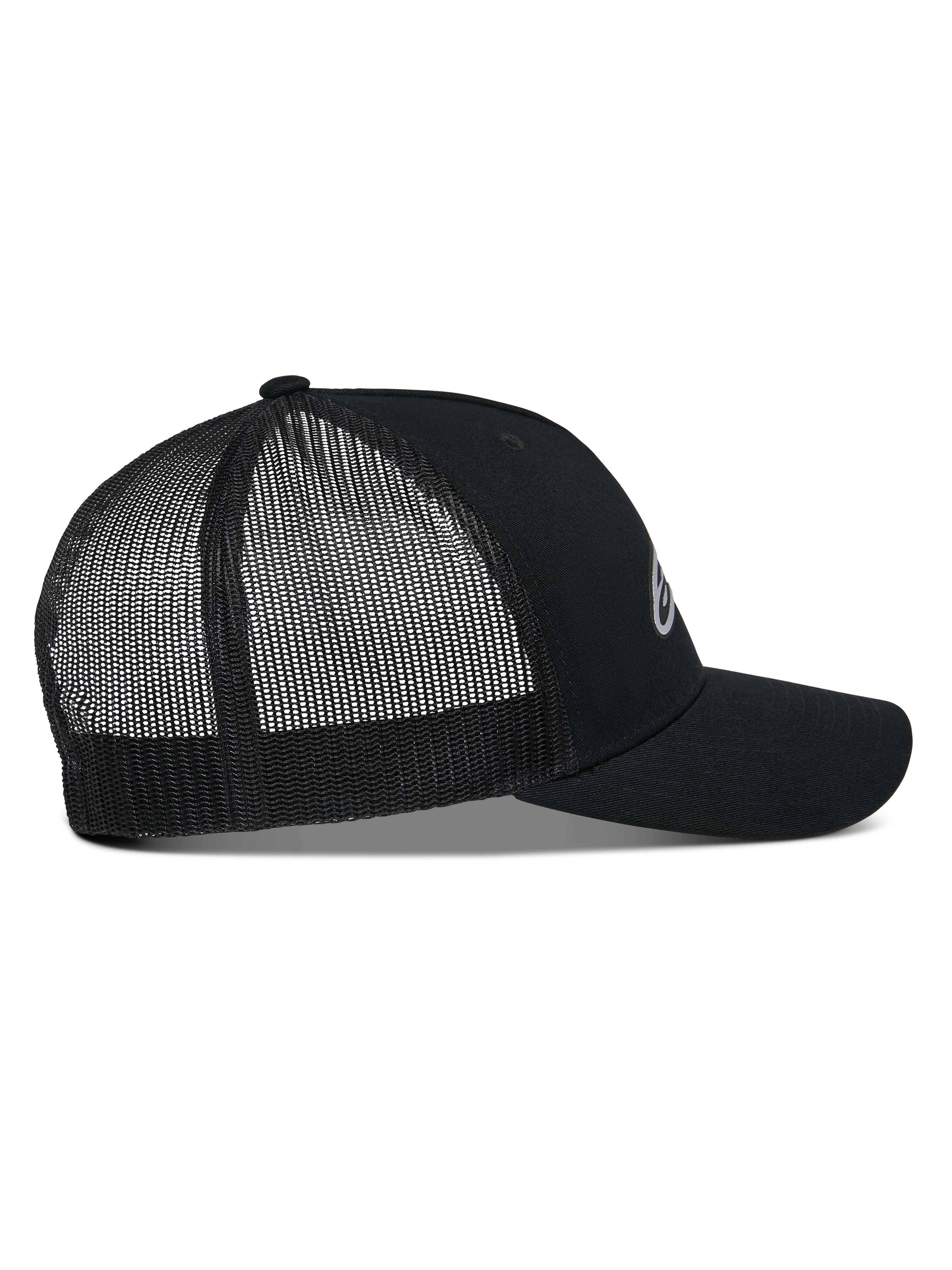 Alpinestars Reflect Ageless Trucker Hat, side profile view, Black, featuring a structured crown, curved bill, and breathable mesh back panels, reflective front logo, casual motorsport-inspired headwear