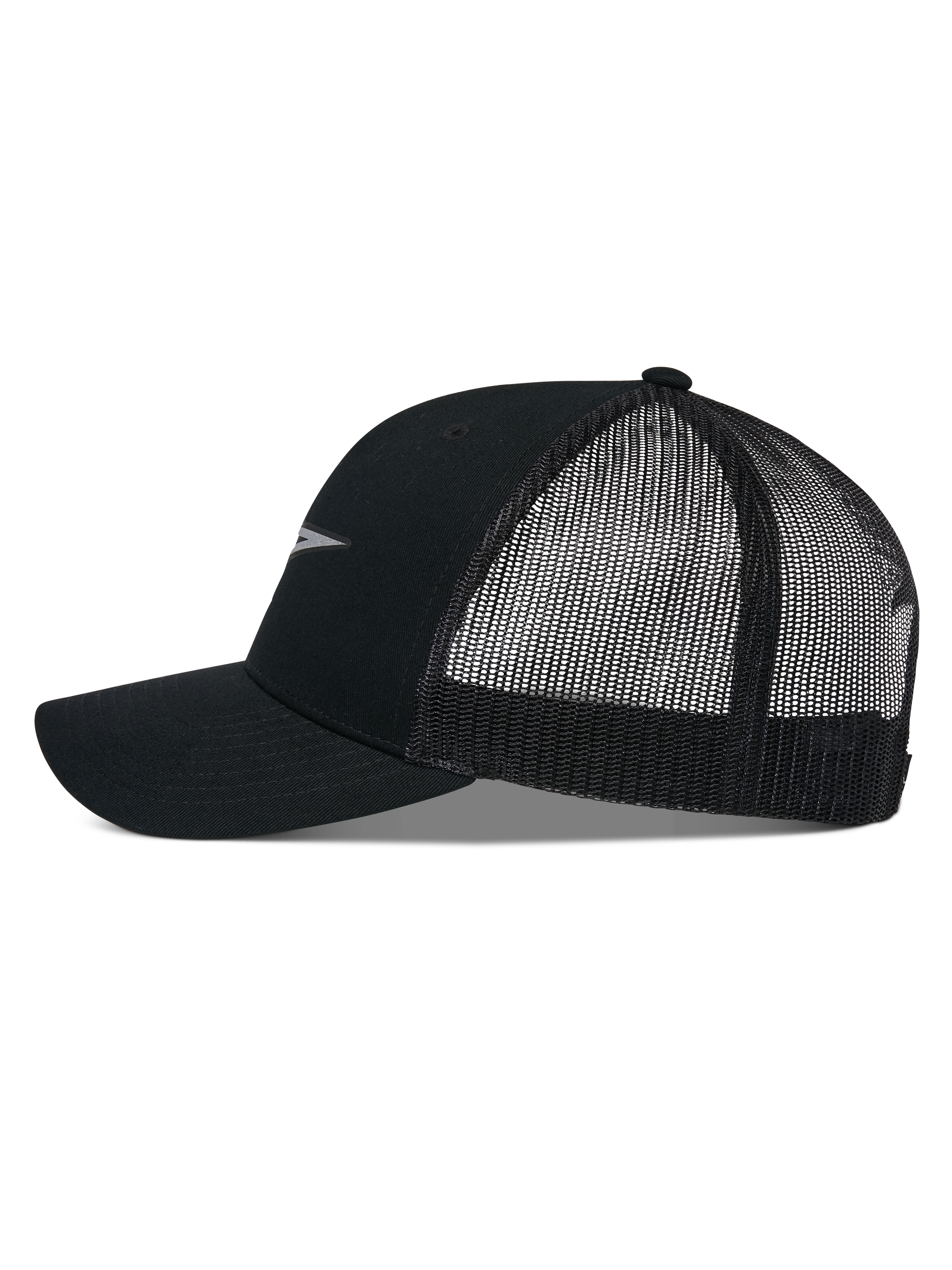 Alpinestars Reflect Ageless Trucker Hat, side profile, Black, curved bill with structured crown, breathable mesh back panels, reflective logo detail, casual motorsport headwear