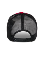 Alpinestars Reflect Ageless Trucker Hat, Back View, Red and Black, featuring black poly mesh panels and adjustable snap-back closure, casual motorsport-inspired headwear