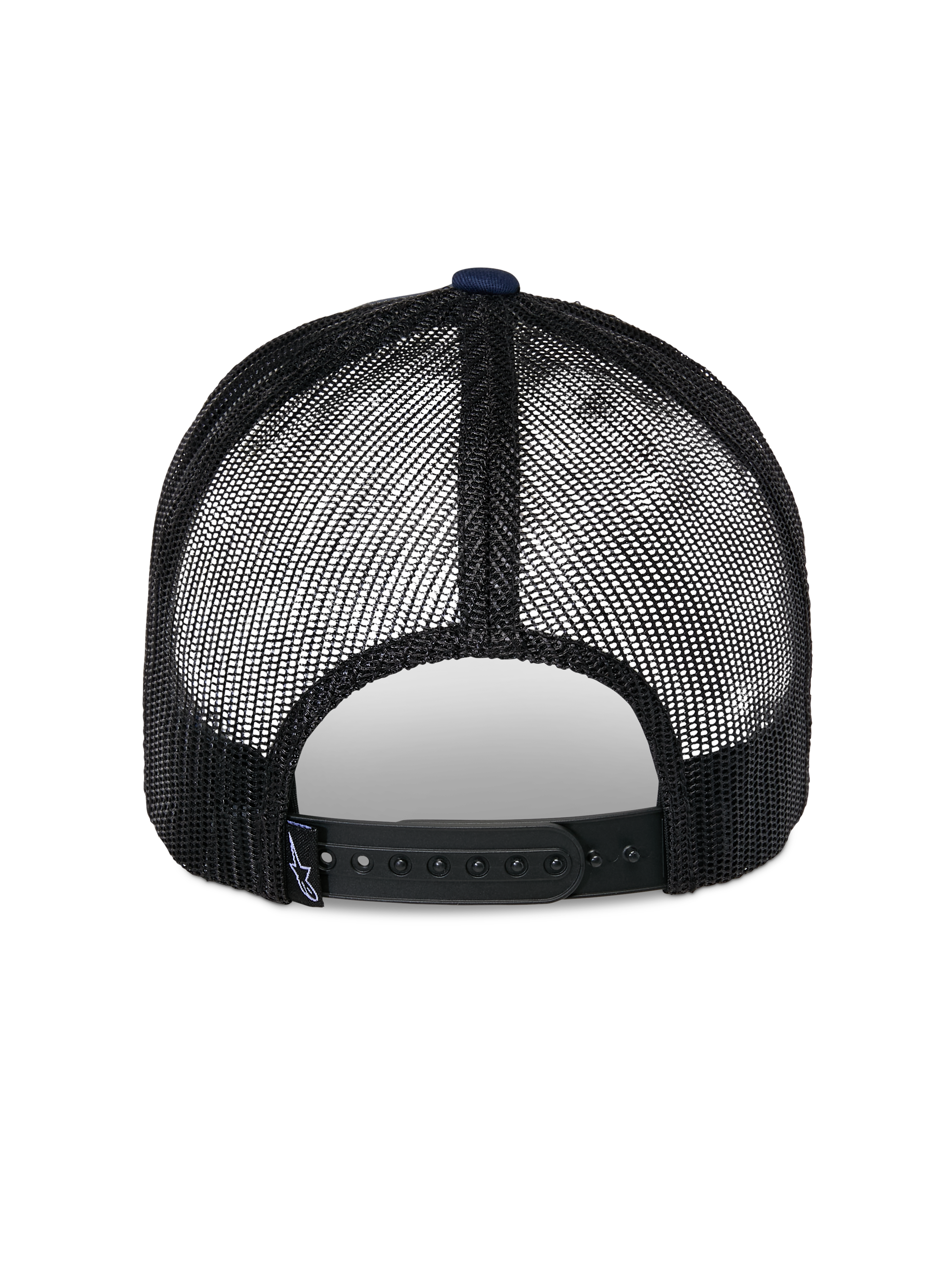 Alpinestars Reflect Ageless Trucker Hat, back view, Navy and Black, featuring breathable black mesh panels and an adjustable snapback closure, casual motorsport headwear
