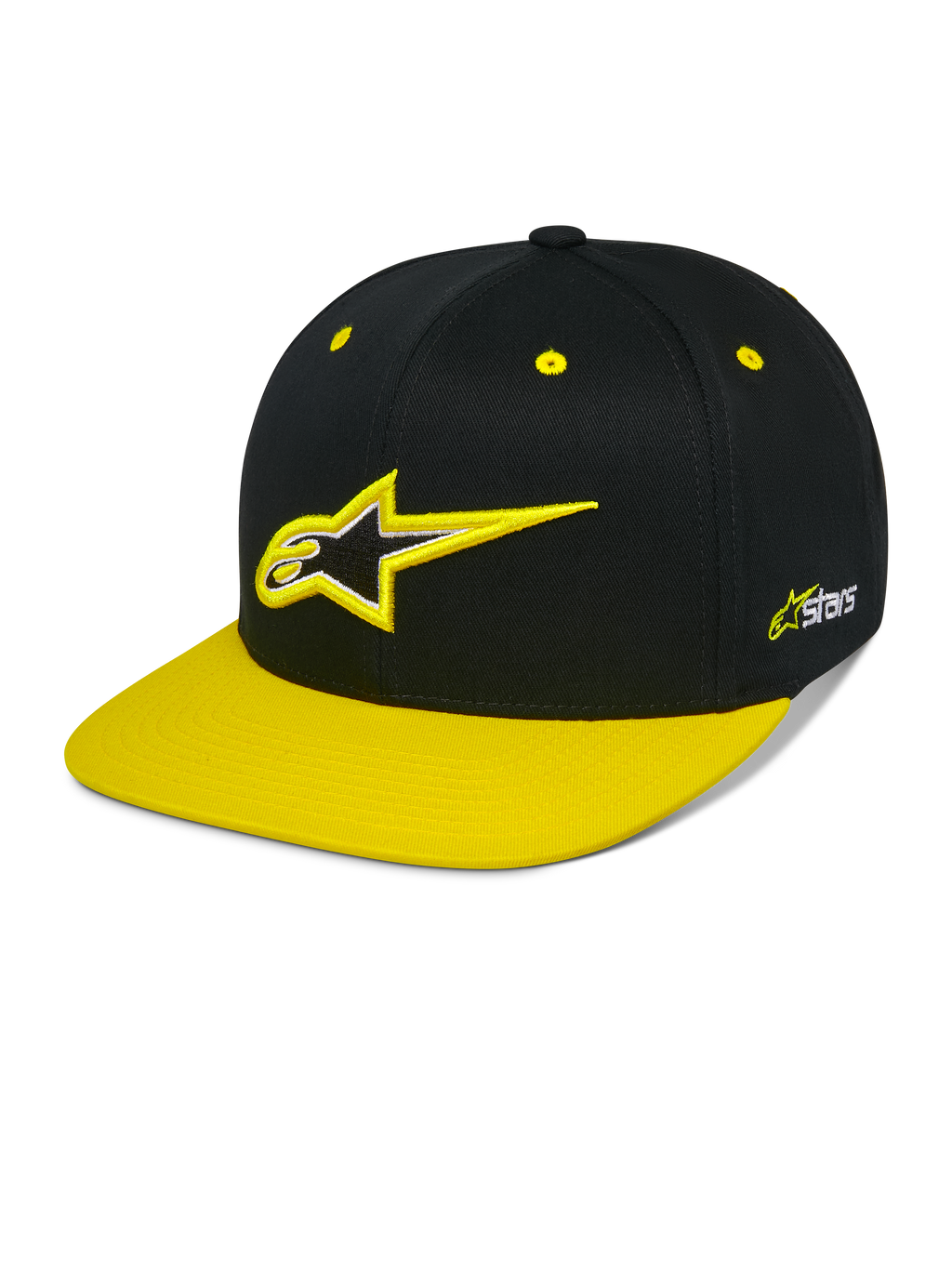 Alpinestars Thickness Snapback Hat, Black and Hi-Vis Yellow Snapback Cap, Structured Crown with 3D Embroidered Astars Logo, Flat Yellow Brim, Yellow Eyelets, Casual Motorsport Headwear