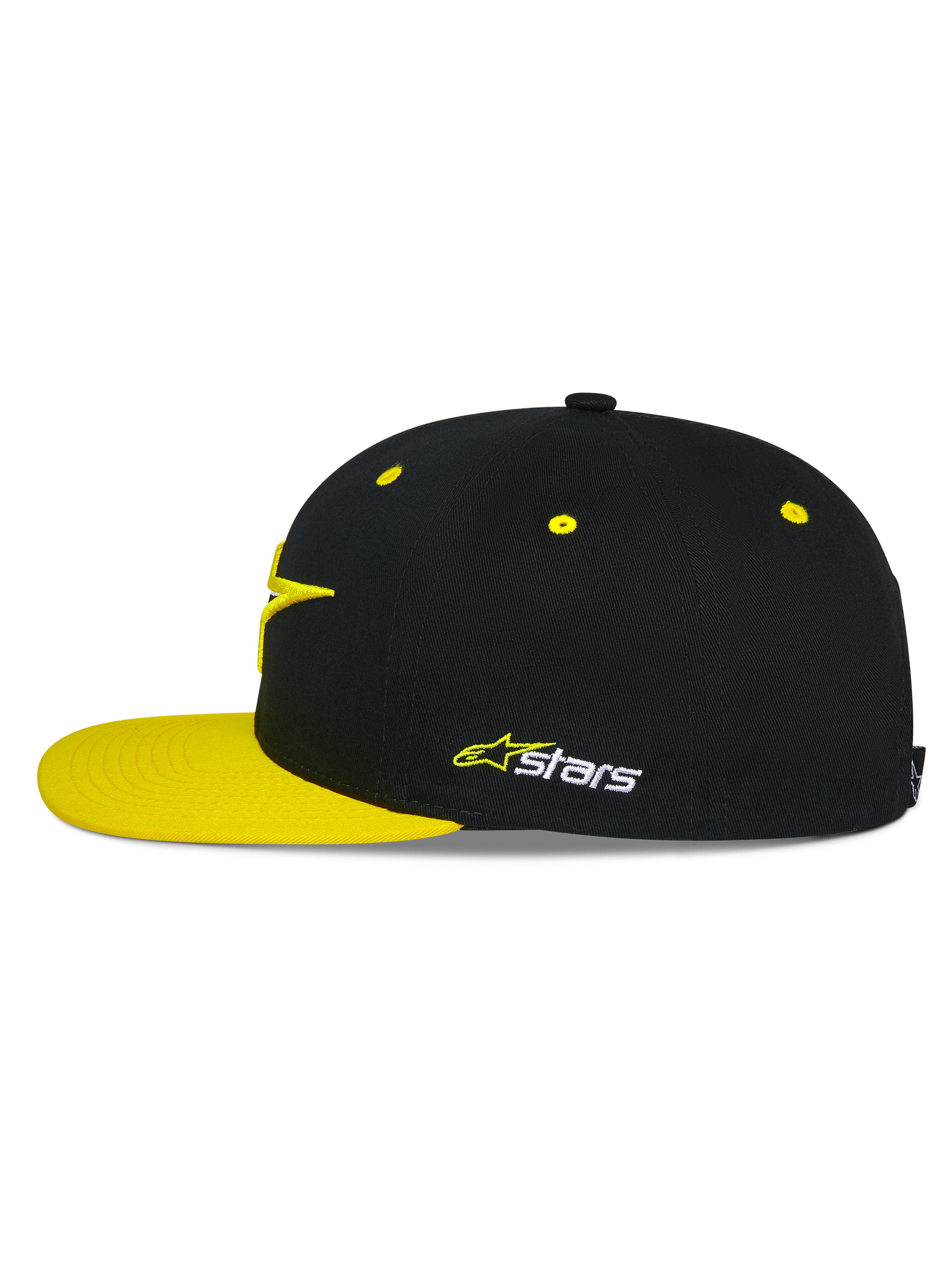 Alpinestars Thickness Snapback Hat, Black and Hi-Vis Yellow, side profile, structured crown with yellow eyelets and flat yellow bill, embroidered Astars logo on the side, casual motorsport headwear