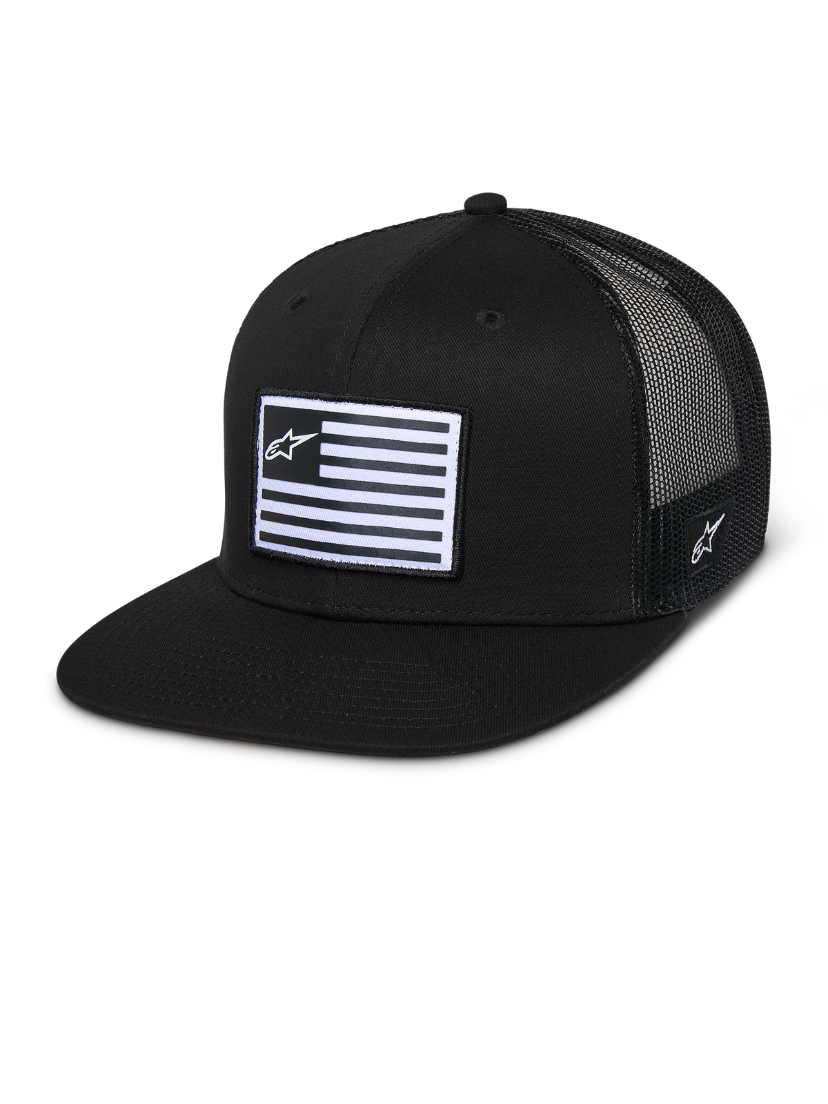 Alpinestars Flag Flat Trucker Hat, Black, flat bill with structured crown, breathable black mesh back, rectangular front patch with horizontal stripes and star logo, side embroidery, casual motorsport-inspired design
