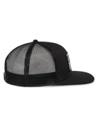 Alpinestars Flag Flat Trucker Hat, Black, side view featuring a flat bill, structured crown, and black polyester mesh back, casual motorsport-inspired headwear