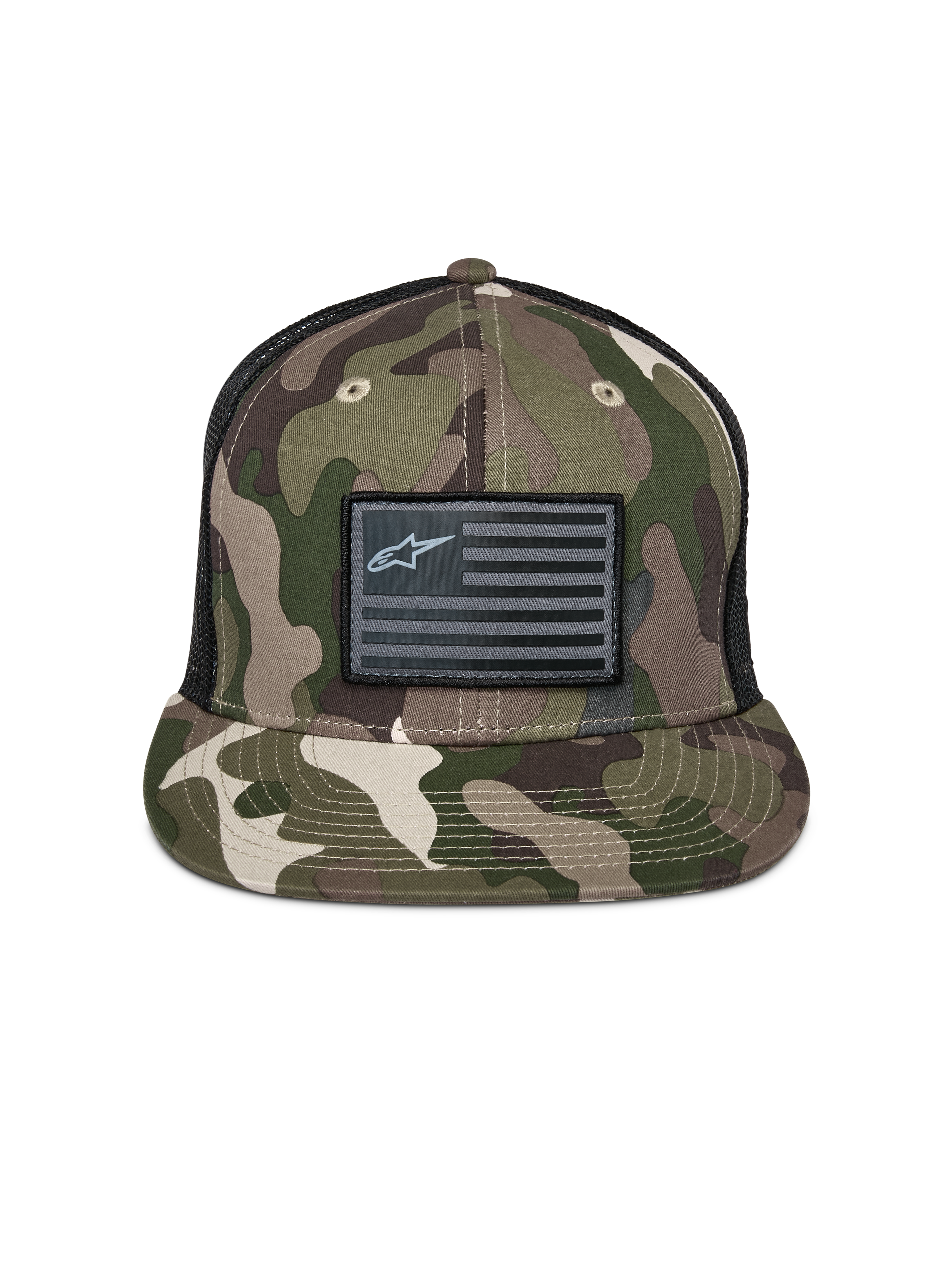 Alpinestars Flag Flat Trucker Hat, Green Camo and Black, flat bill with structured crown, black flag patch with Alpinestars logo, mesh back, casual motorsport-inspired headwear