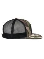 Alpinestars Flag Flat Trucker Hat, Green Camo and Black, side profile featuring flat camouflage bill, structured front, and breathable black mesh back, snapback closure, casual motorsport headwear