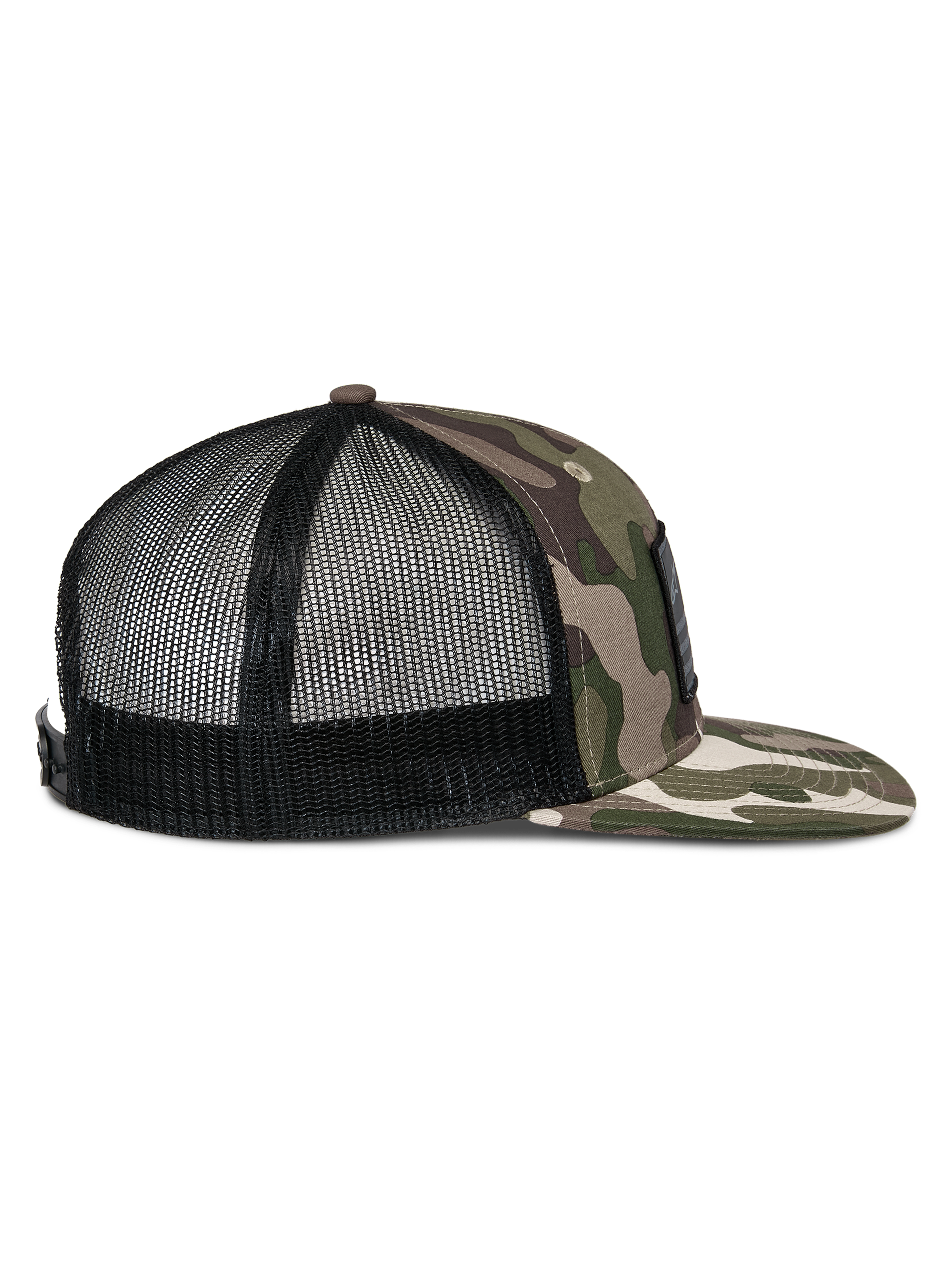 Alpinestars Flag Flat Trucker Hat, Green Camo and Black, side profile featuring flat camouflage bill, structured front, and breathable black mesh back, snapback closure, casual motorsport headwear