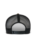 Alpinestars Flag Flat Trucker Hat, Green Camo and Black, back view featuring breathable black mesh panels and an adjustable snapback closure with a small logo label, casual motorsport-inspired headwear