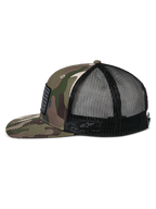Alpinestars Flag Flat Trucker Hat, Green Camo and Black, flat bill and structured crown, camouflage twill front with black mesh back, side view showing merrow flag patch and embroidered logo, casual motorsport-inspired streetwear