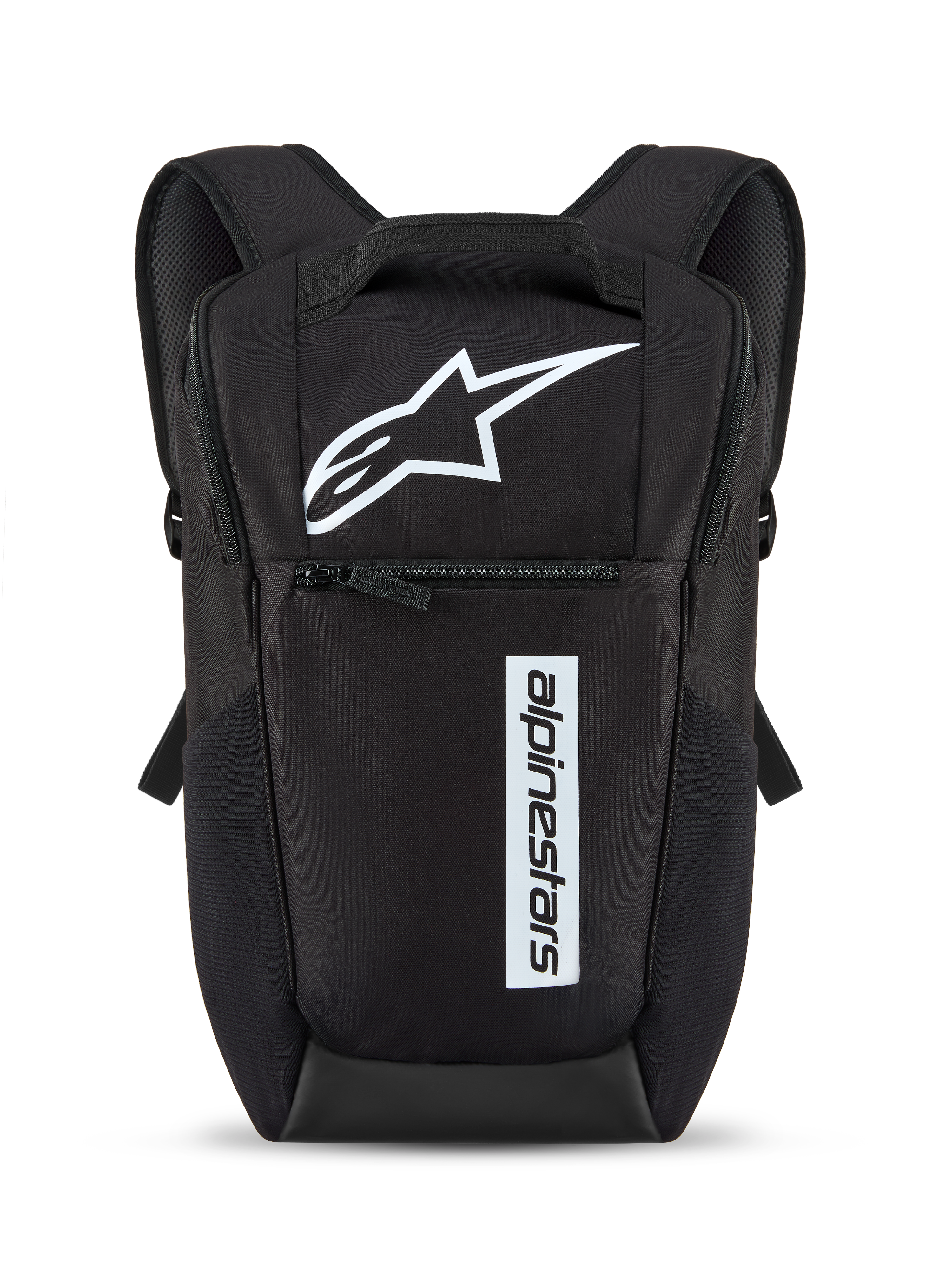 Alpinestars Defcon V3 Backpack, Black and White, small daily backpack featuring white star logo and vertical wordmark branding, front zipper pocket, padded shoulder straps, durable 600D polyester material